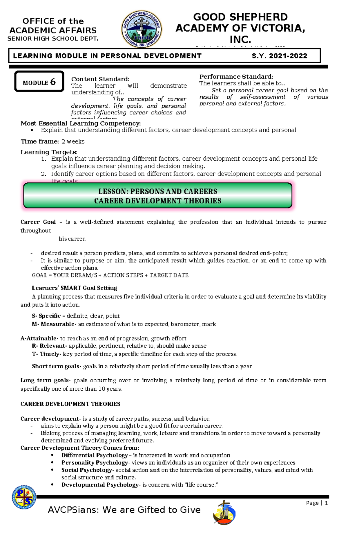 Module 6 - Career Development Theories and Planning in Personal Dev ...
