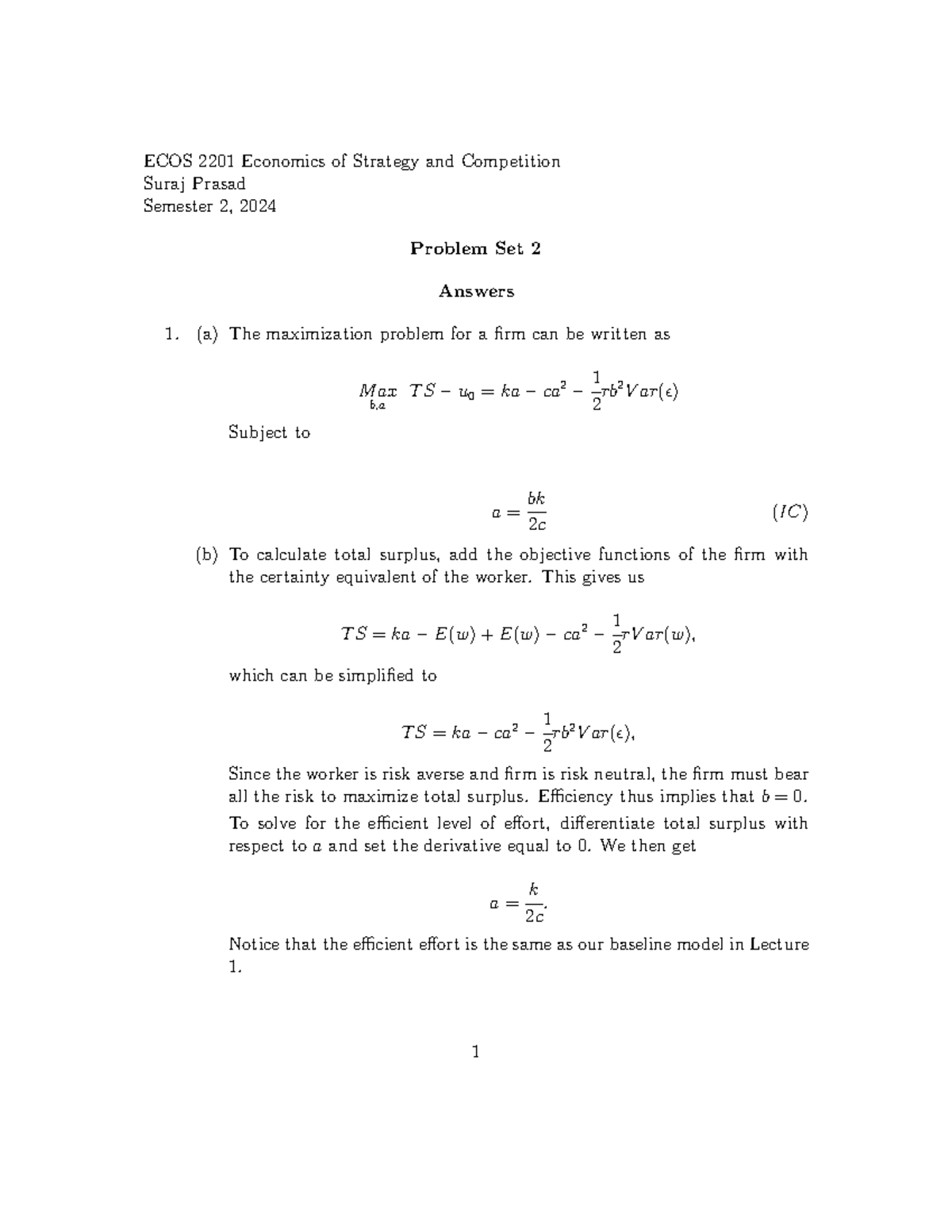 Ans0224 - handout of w2 problems - ECOS 2201 Economics of Strategy and ...
