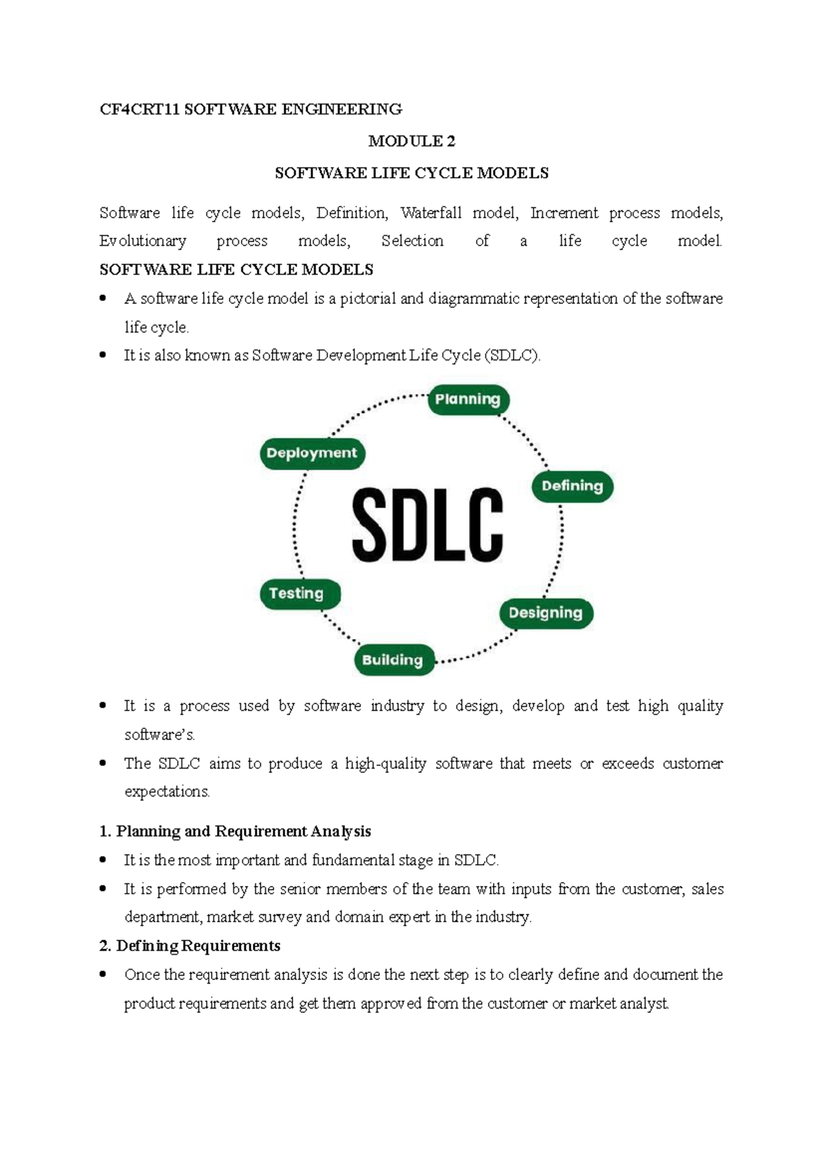 CF4CRT11 Software Engineering Module 2: Software Life Cycle Models ...