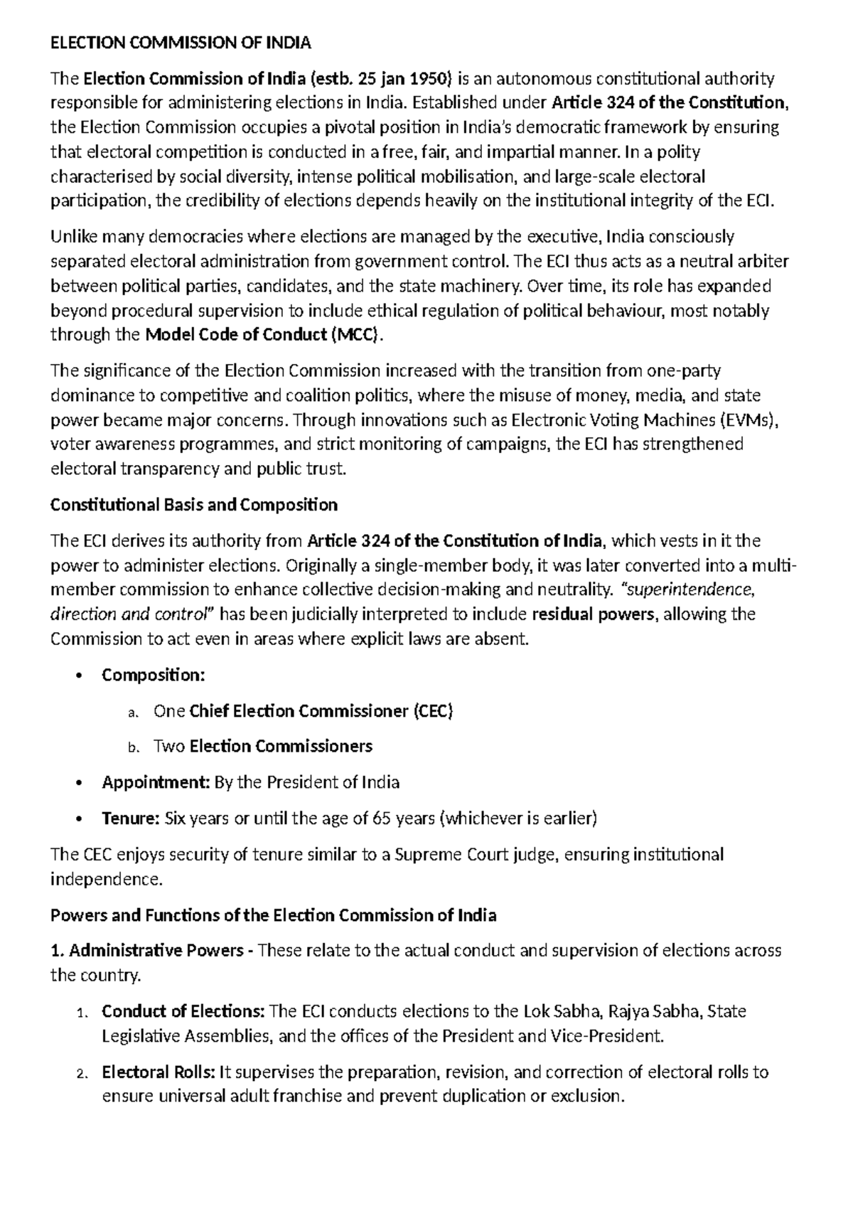 PPI SELF Notes: Understanding the Election Commission of India - Studocu