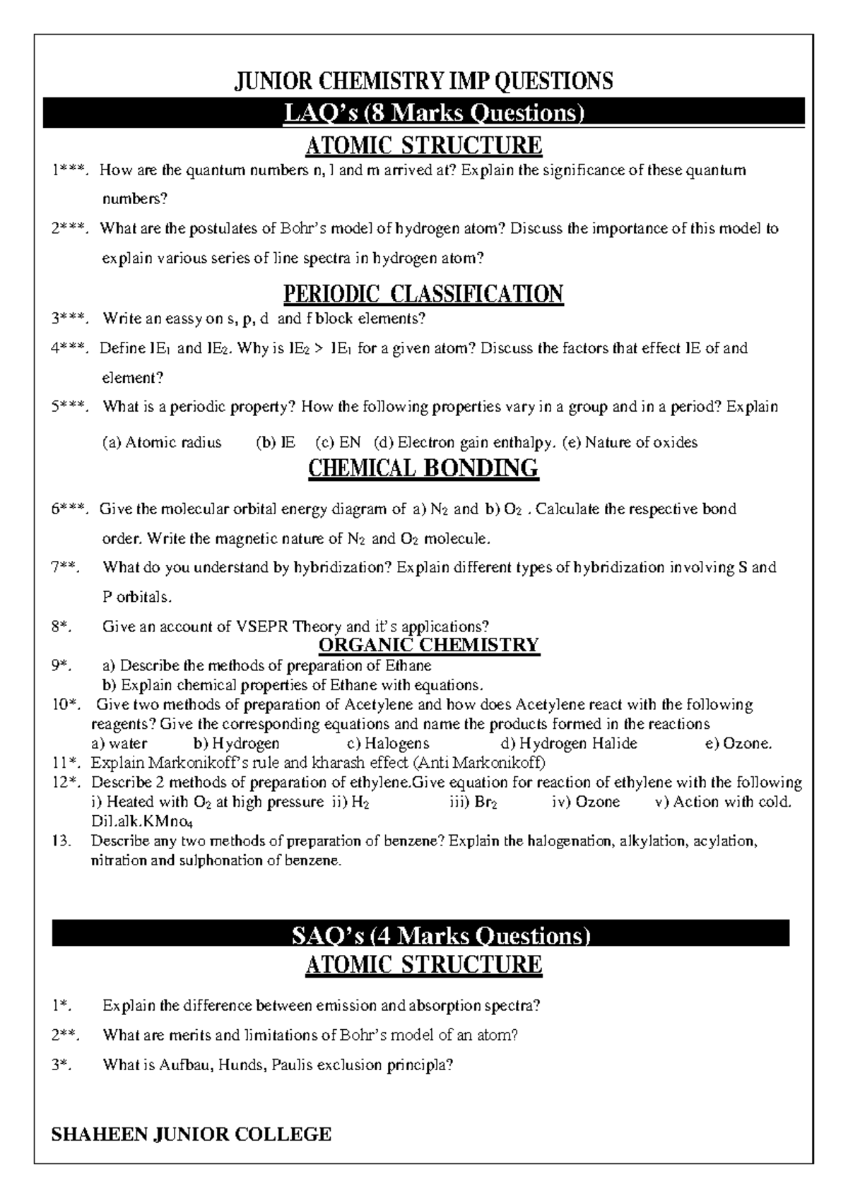 Chemistry Junior Inter IMP Questions: Atomic Structure, Periodic ...