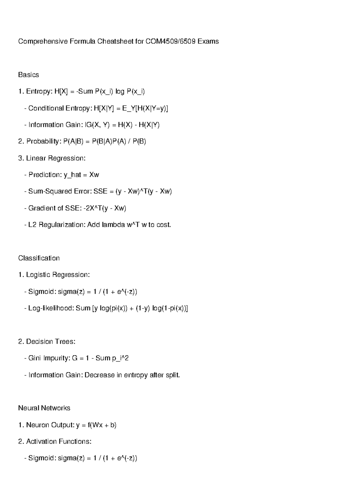COM4509 6509 Formula Cheatsheet - Comprehensive Formula Cheatsheet for ...