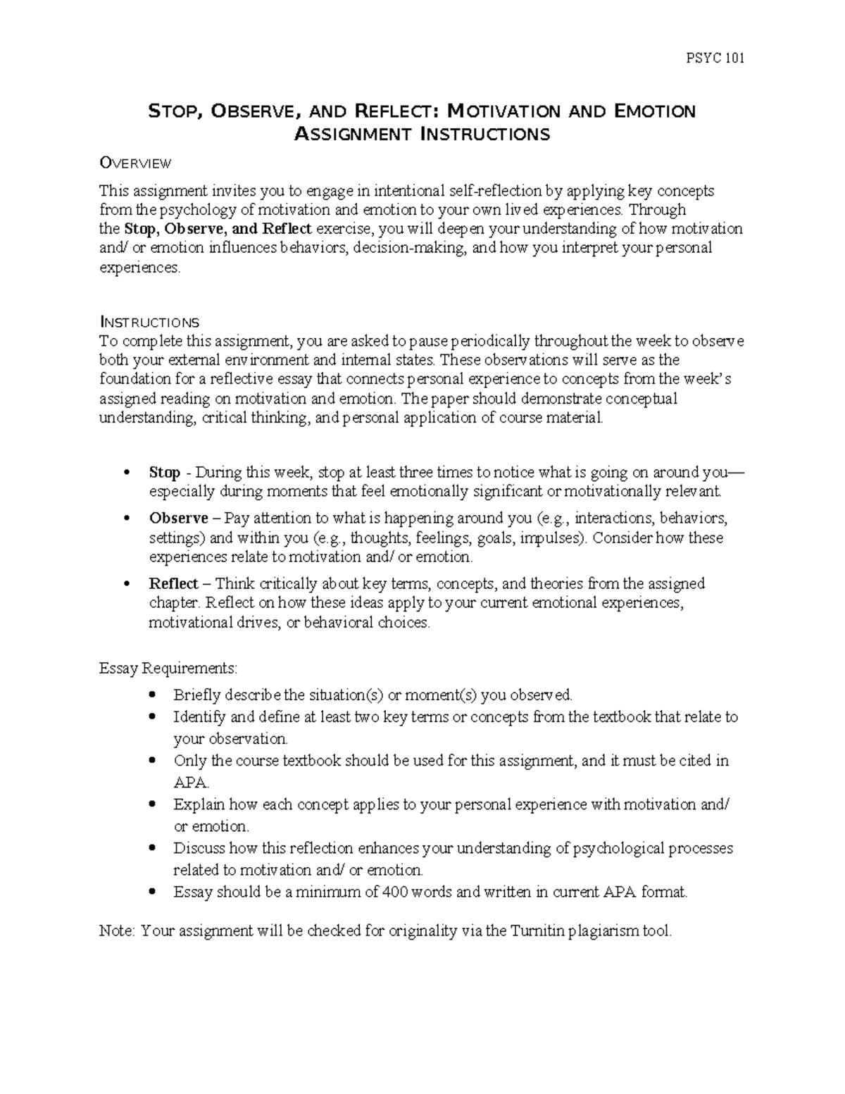 PSYC 101 Motivation & Emotion: Stop, Observe, Reflect Assignment Guide ...