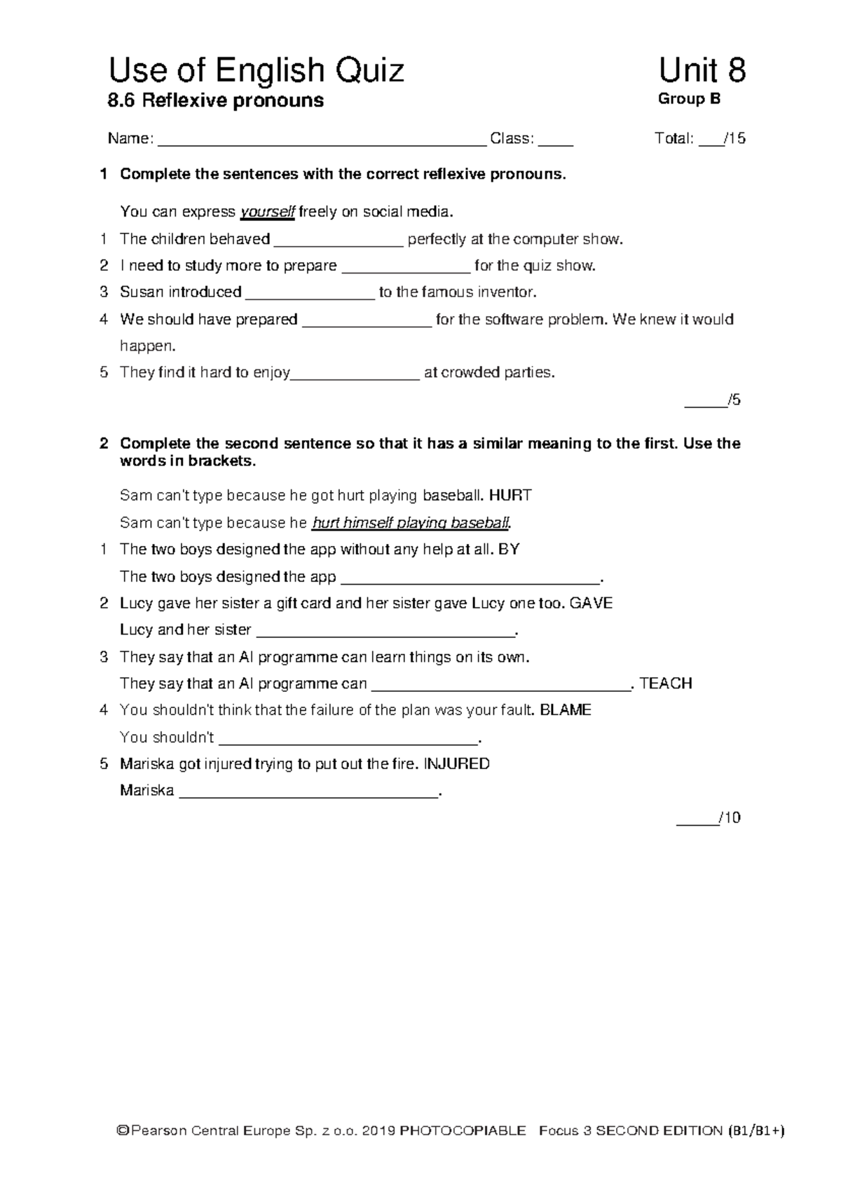 Focus 3 2E Uo E Quiz Unit8 Group B - Use of English Quiz Unit 8 8 .6 ...