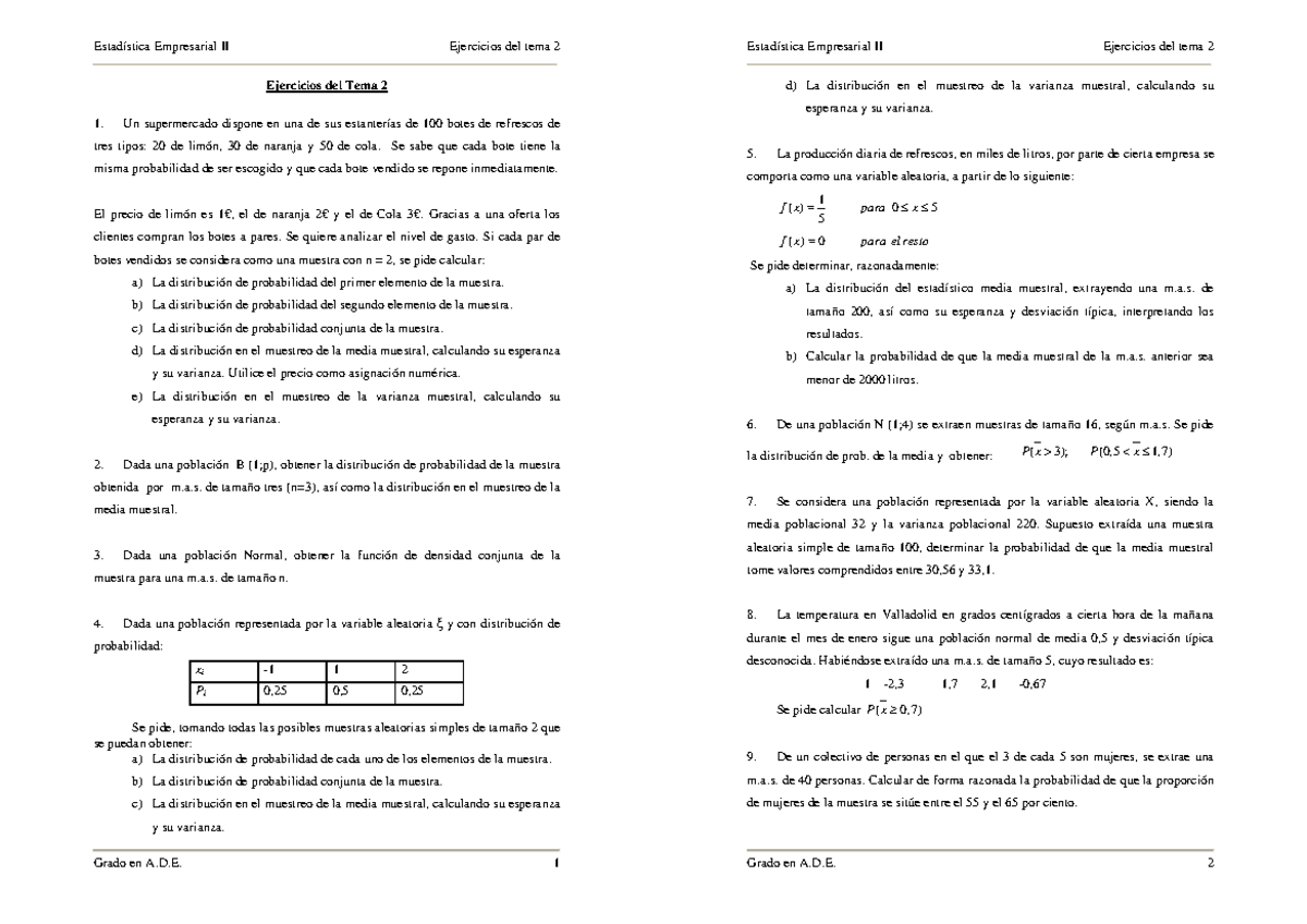 T2 Ejercicios Aula - Estadística Empresarial II Ejercicios del tema 2 ...