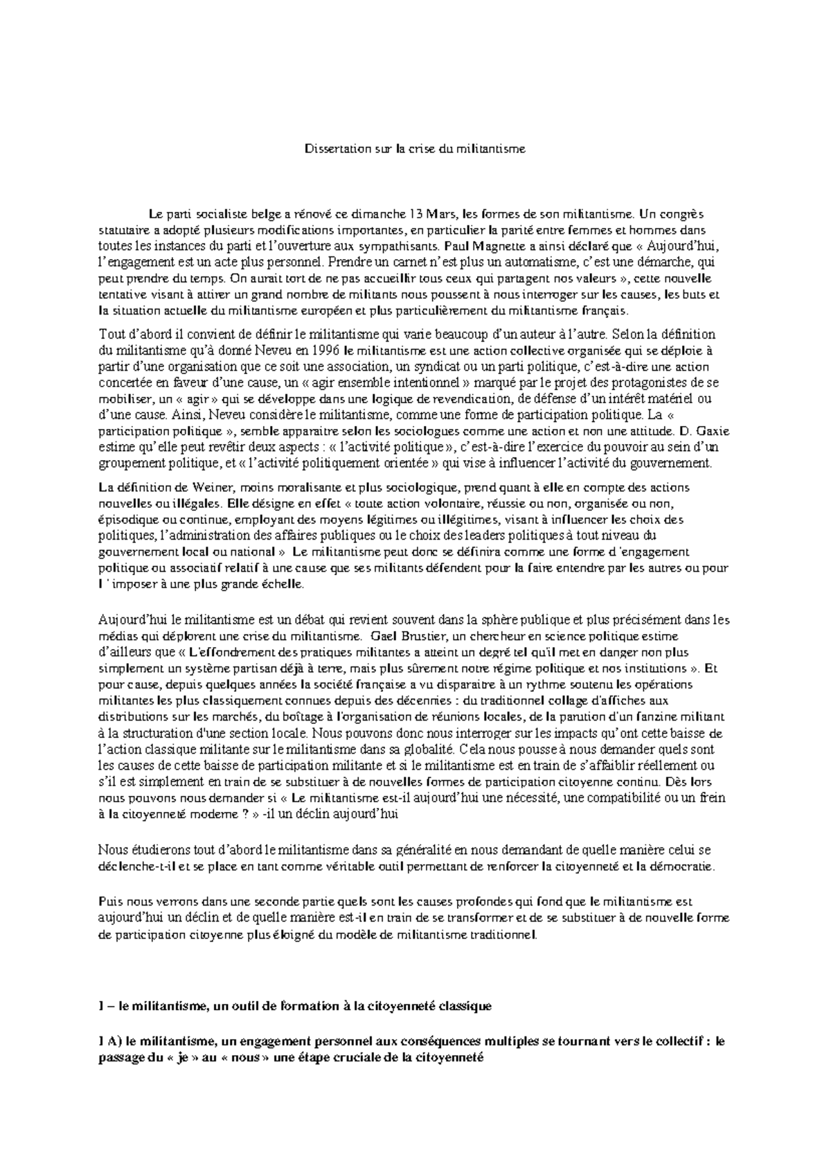 Analyse de la crise du militantisme en Europe et aux États-Unis - Studocu
