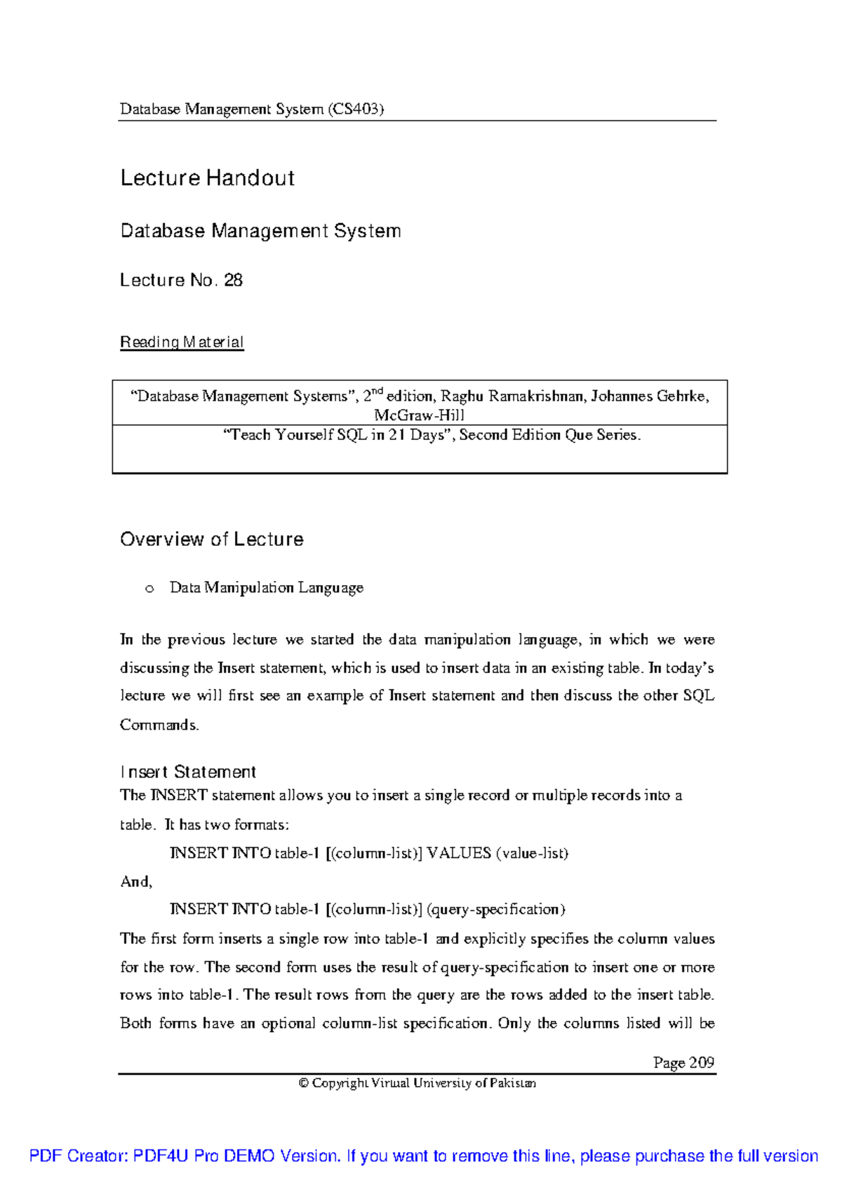 Database Management System (CS403) Lecture 28: Data Manipulation ...