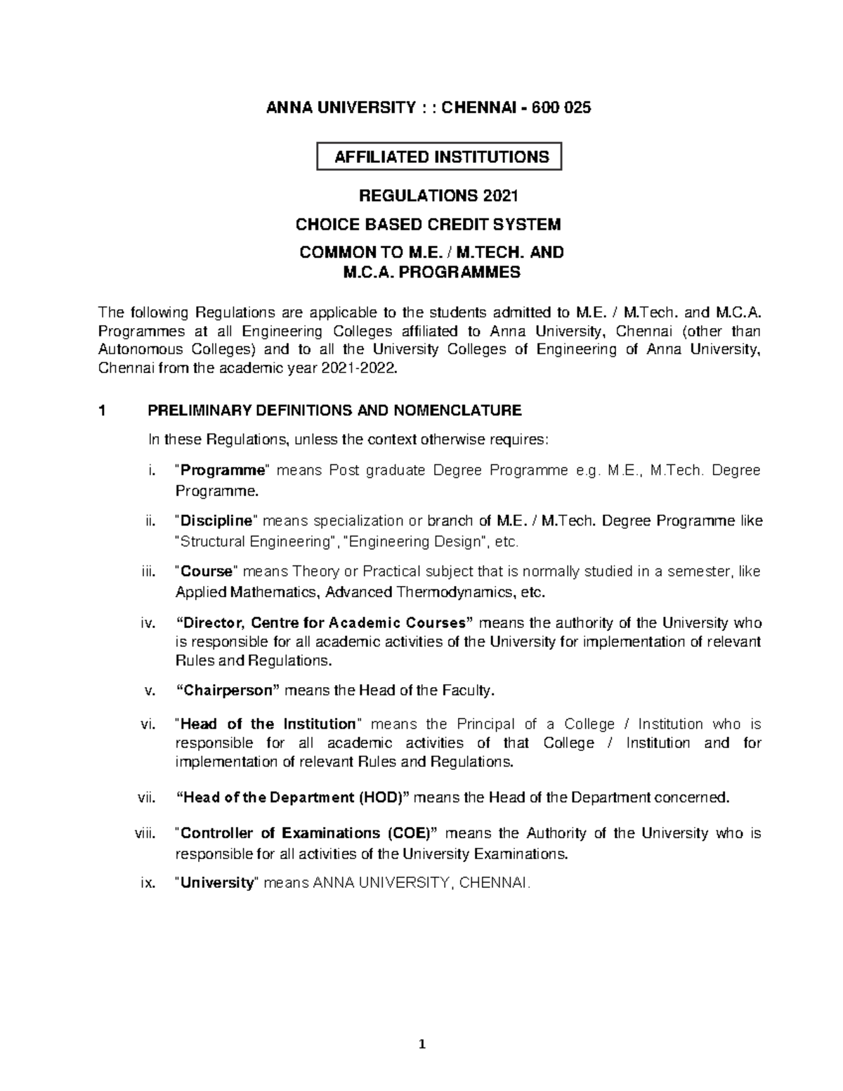PG Regulations 2021 for M.E./M.Tech./M.C.A. Programs at Anna University ...