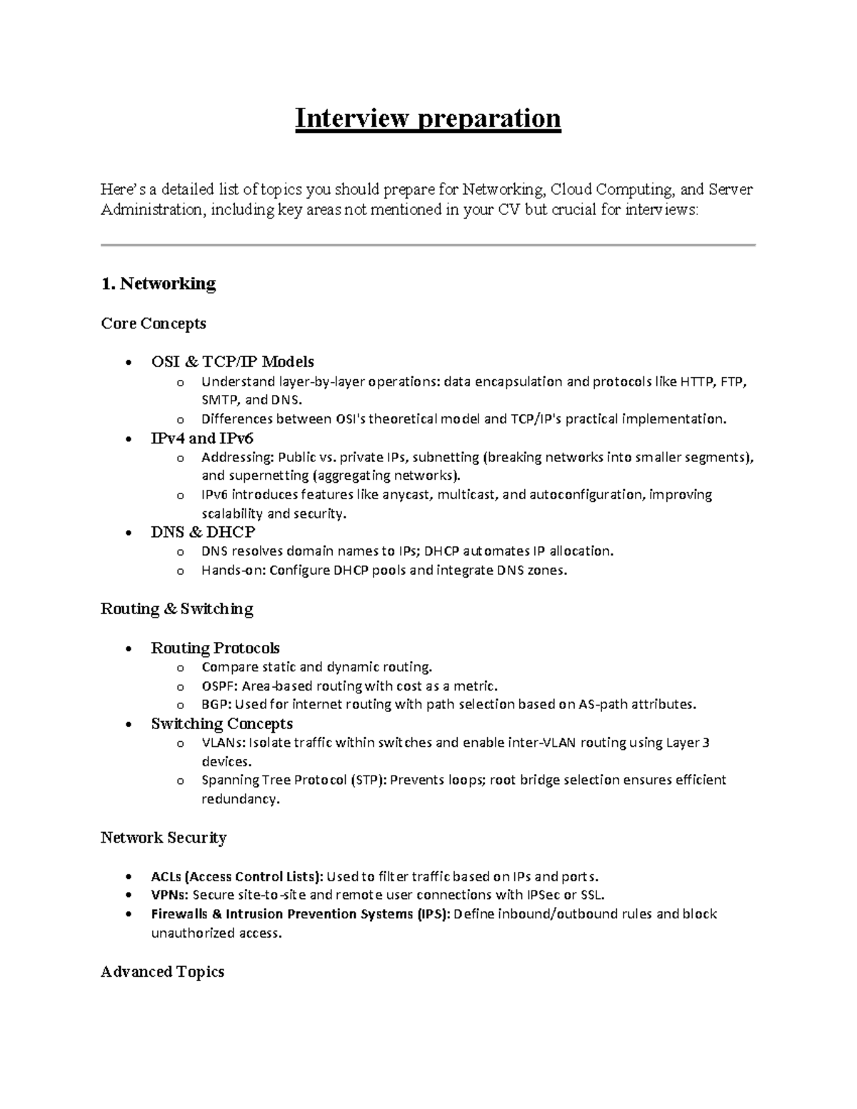Interview prep - Interview preparation Here’s a detailed list of topics ...