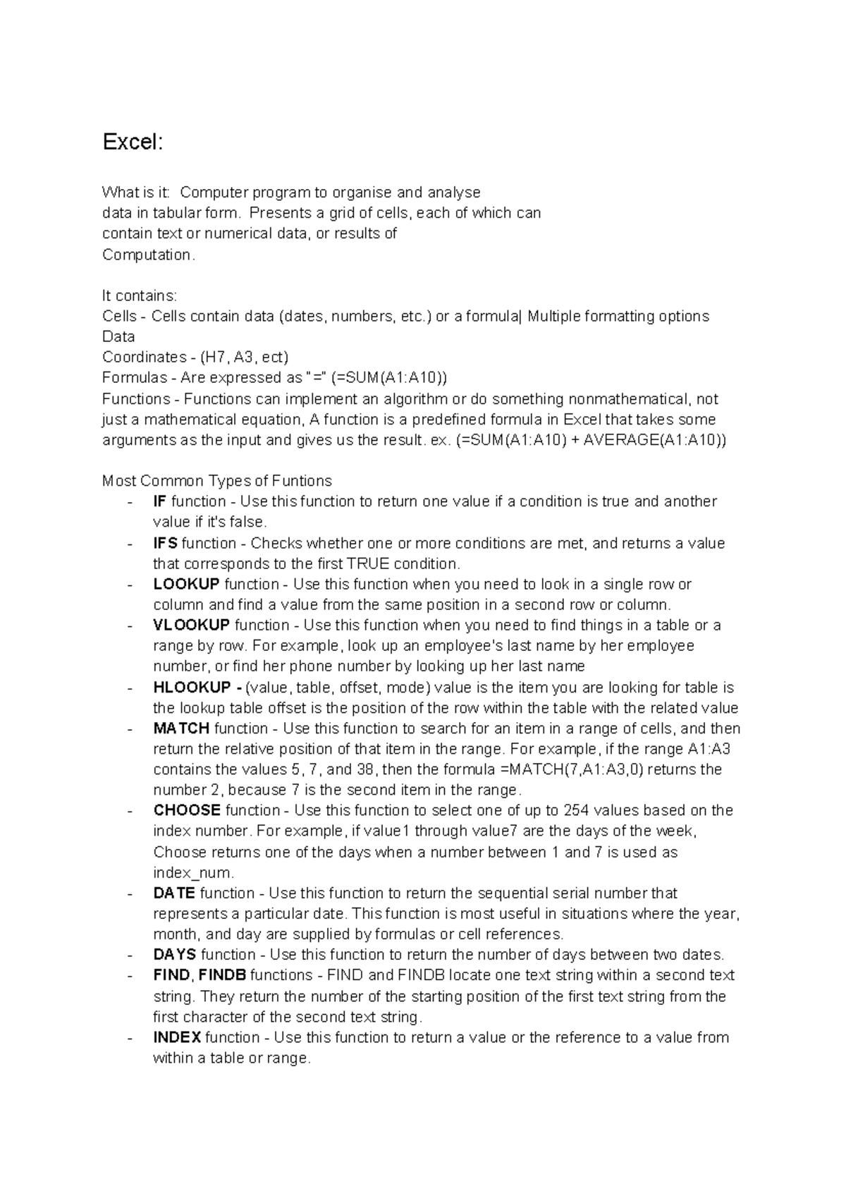 Comp Sci - Summary Computer Science - Excel: What is it: Computer ...