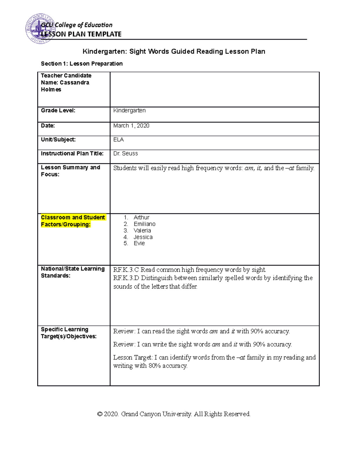 Kindergarten ELA Lesson Plan: Sight Words with Dr. Seuss - Studocu