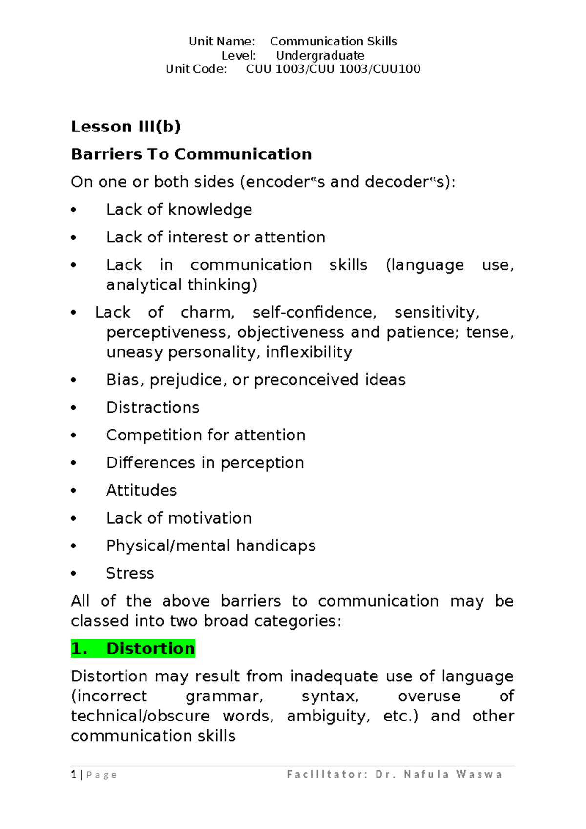 CUU Lesson V: Understanding Barriers to Communication Skills - Studocu