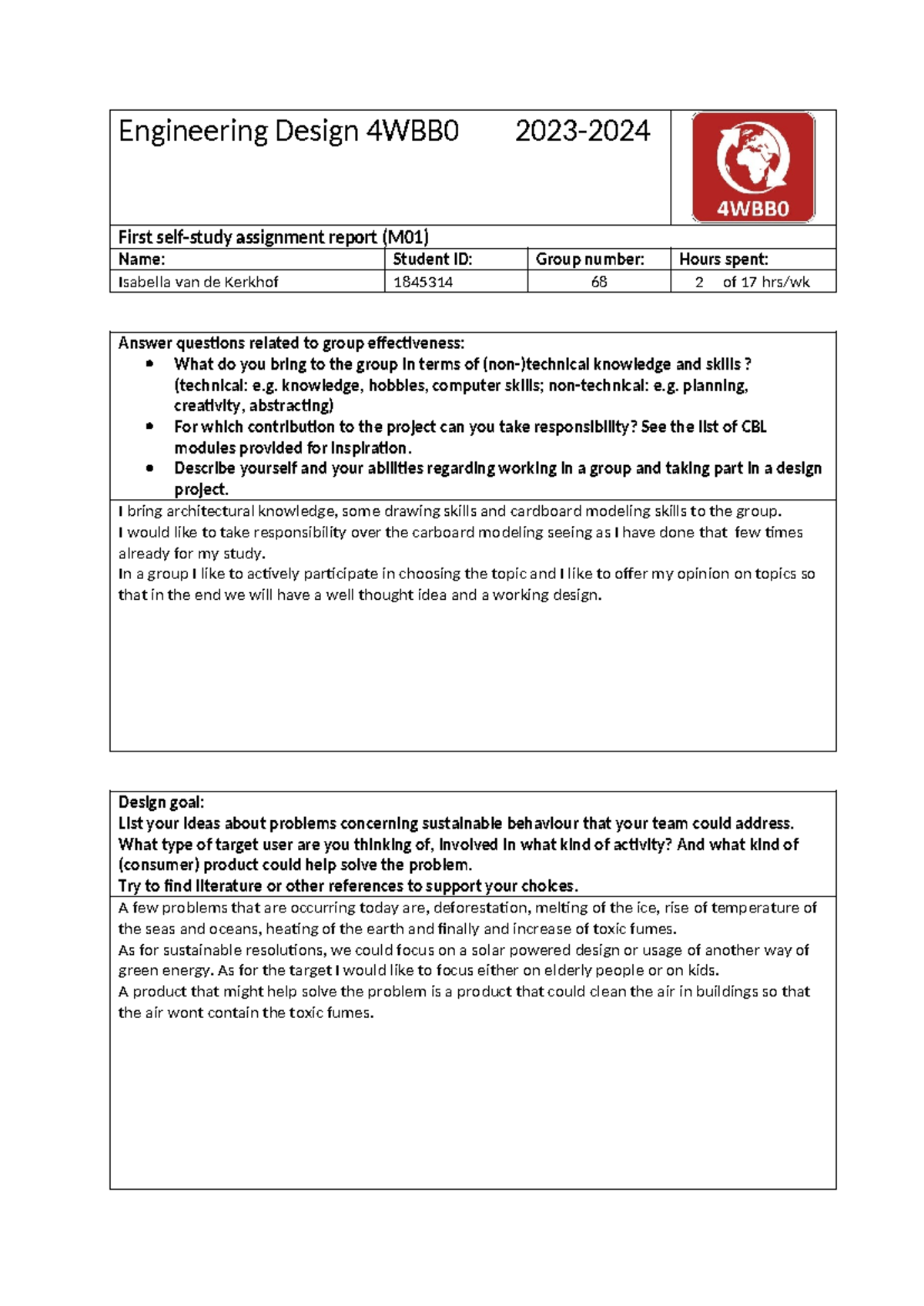Engineering Design 4WBB0 First Assignment Report (M01) - Studeersnel
