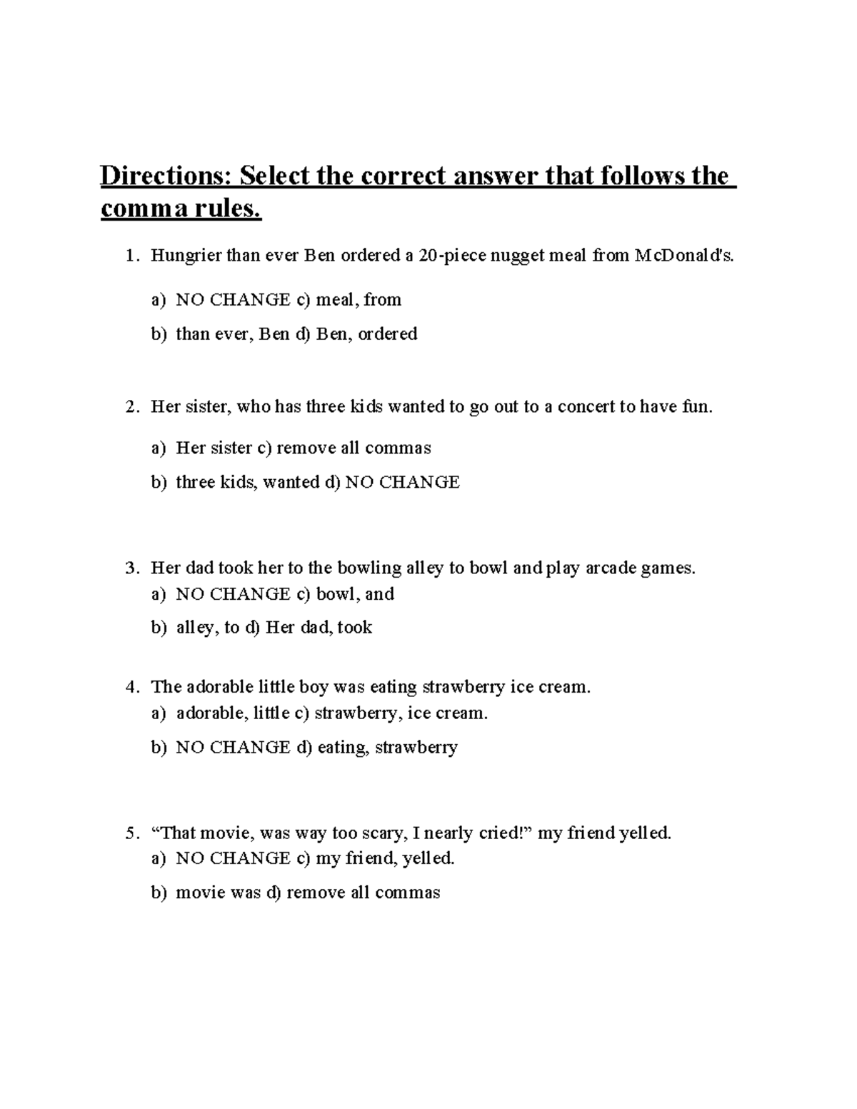 Comma Rules Quiz - 1 - Studocu