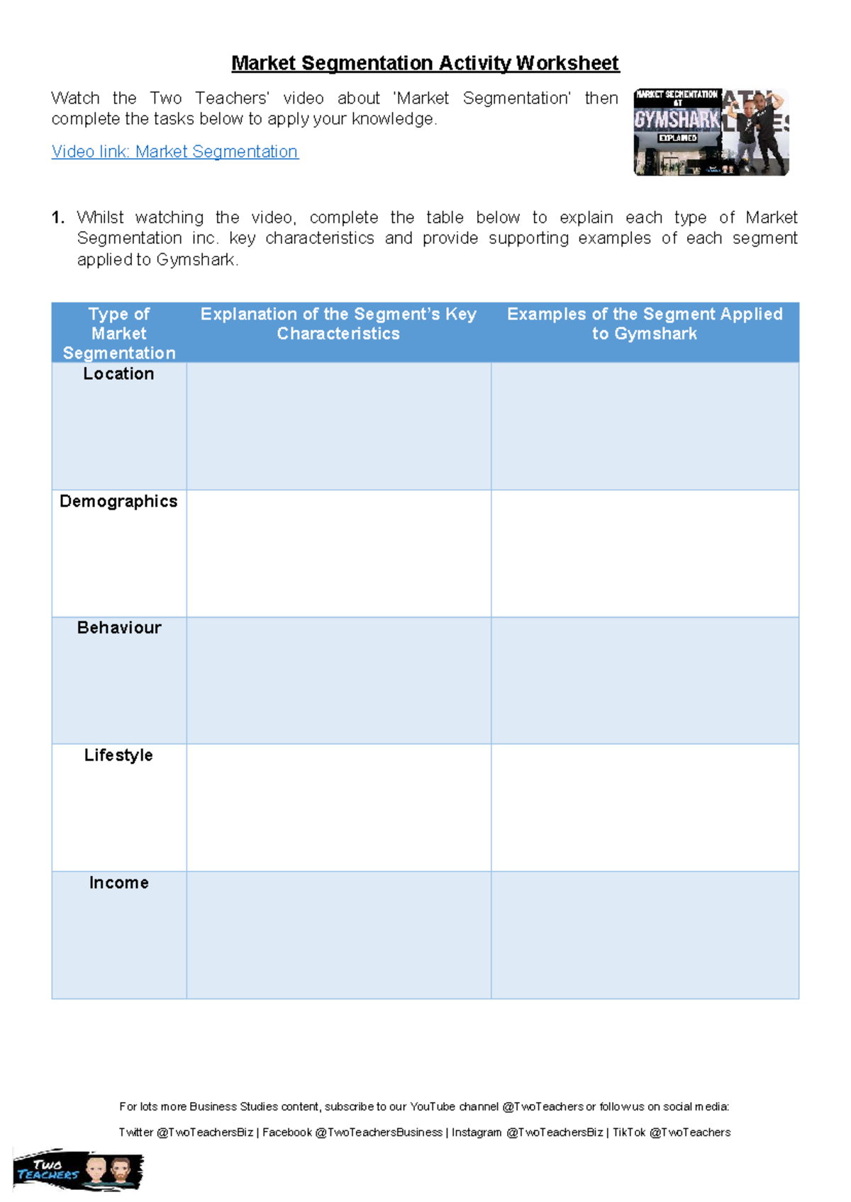 Market Segmentation Activity Worksheet - Video link: Market ...