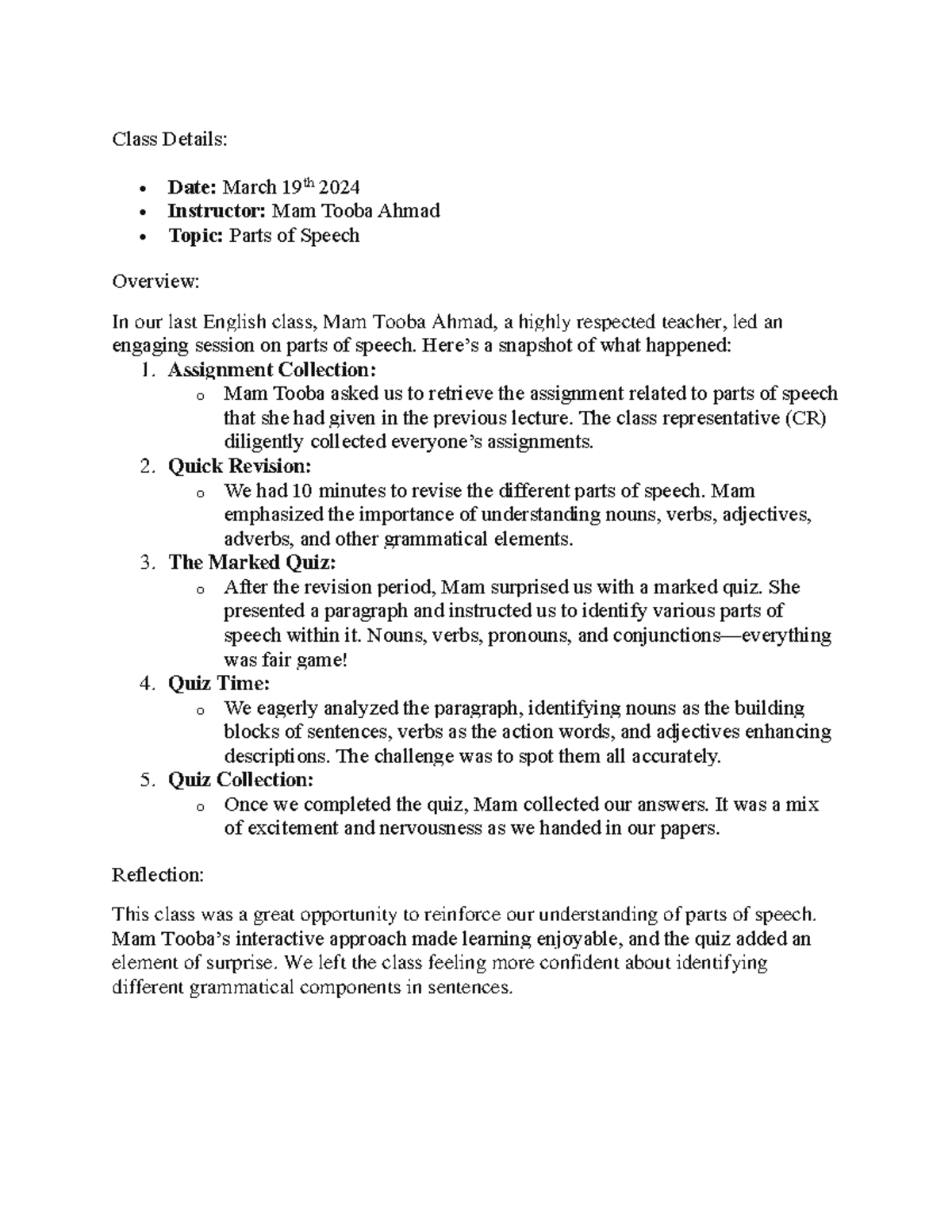 ENGL101 - Parts of Speech Class Notes & Quiz Overview (Mar 2024) - Studocu