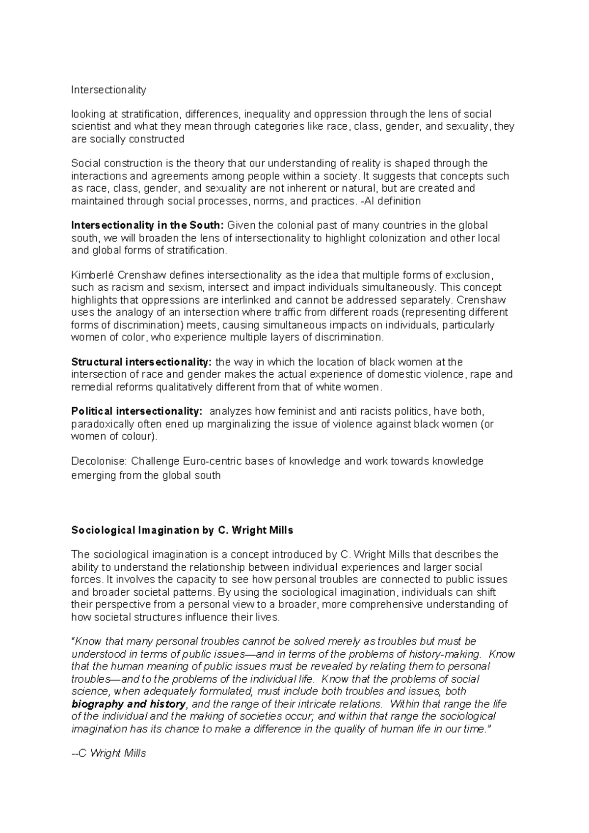 Intersectionality - Class notes - Intersectionality looking at ...