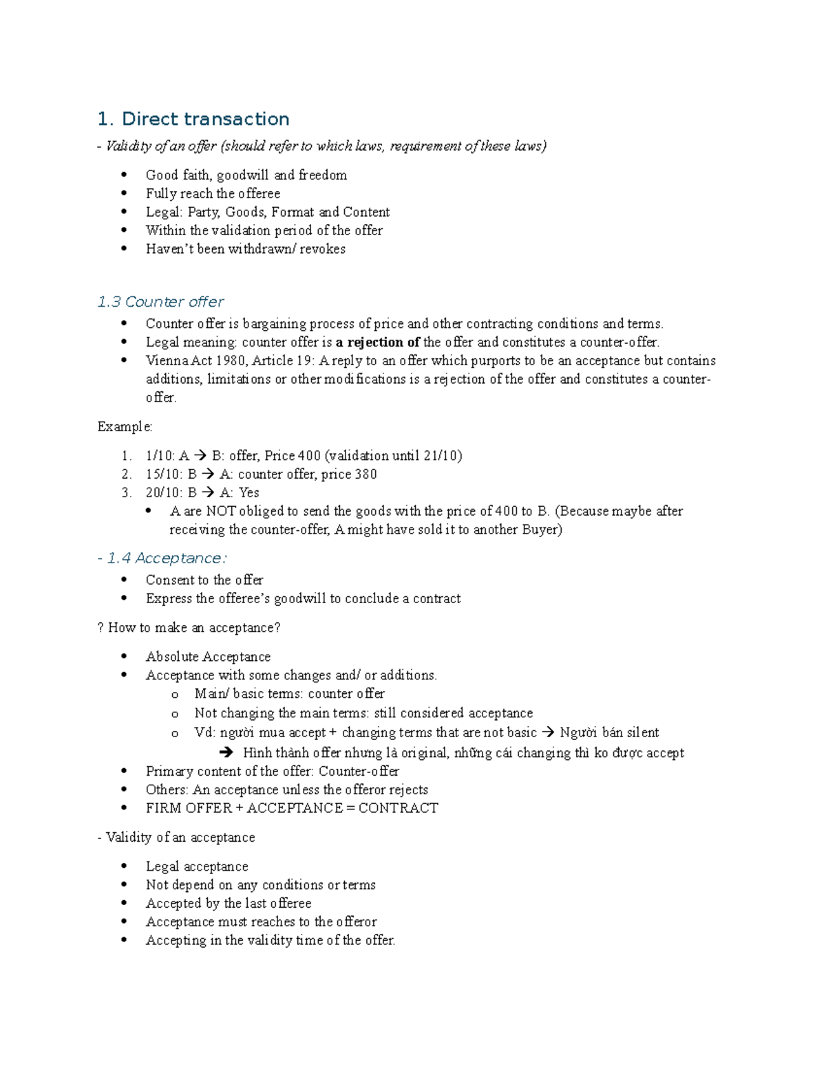 Chapter 1 - NOTE - 1. Direct transaction Validity of an offer (should ...