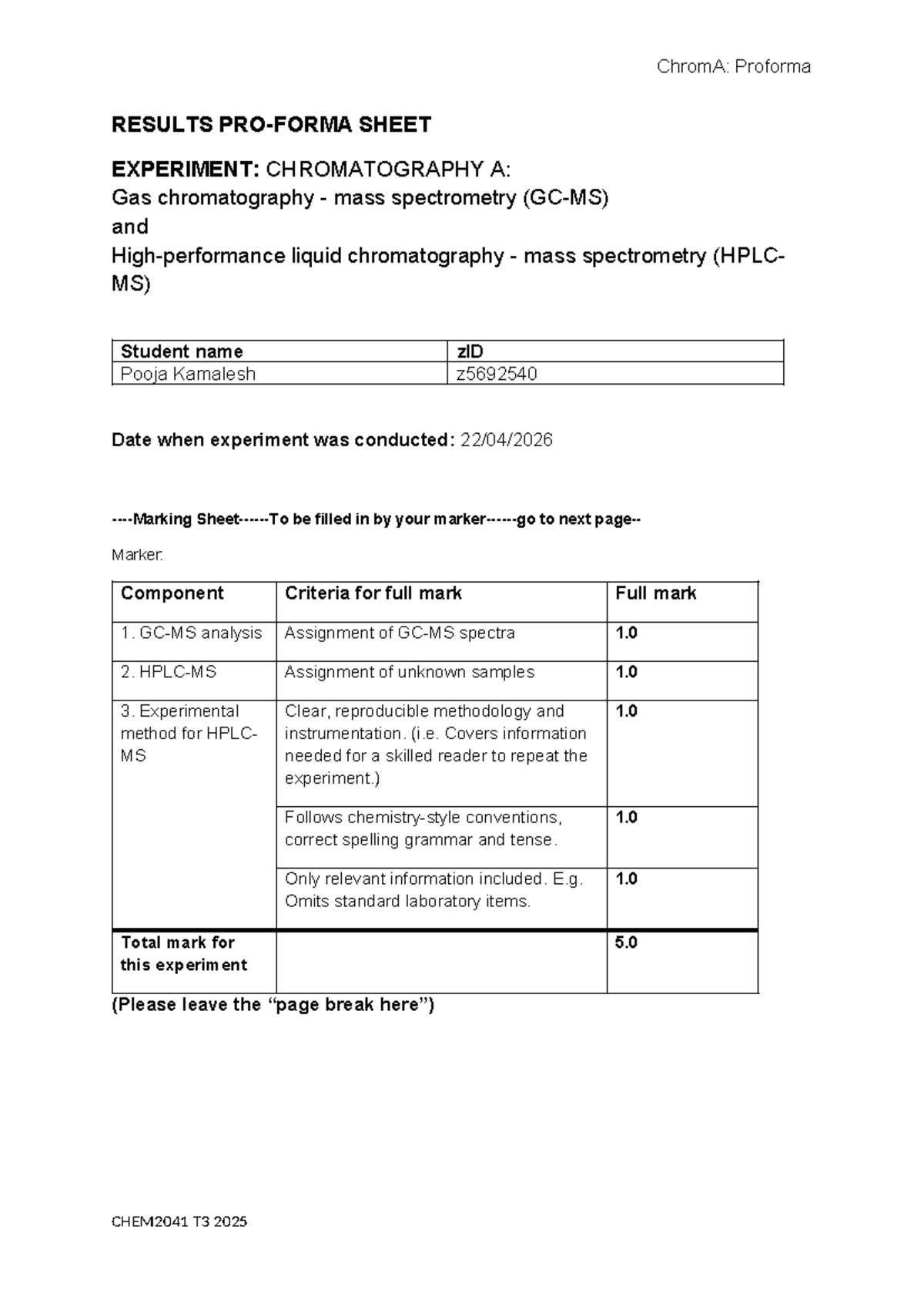 CHEM2041 T3 2025: Chromatography A Results Sheet & Analysis - Studocu