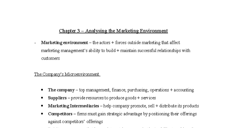 Chapter 3 Notes: Analyzing the Marketing Environment - Studocu