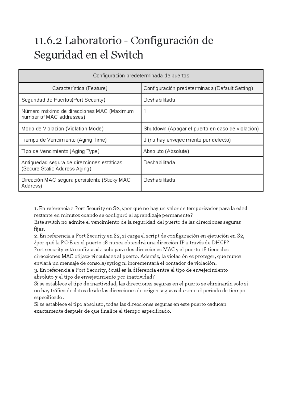 11.6.2 Laboratorio: Configuración de Seguridad en el Switch - Studocu