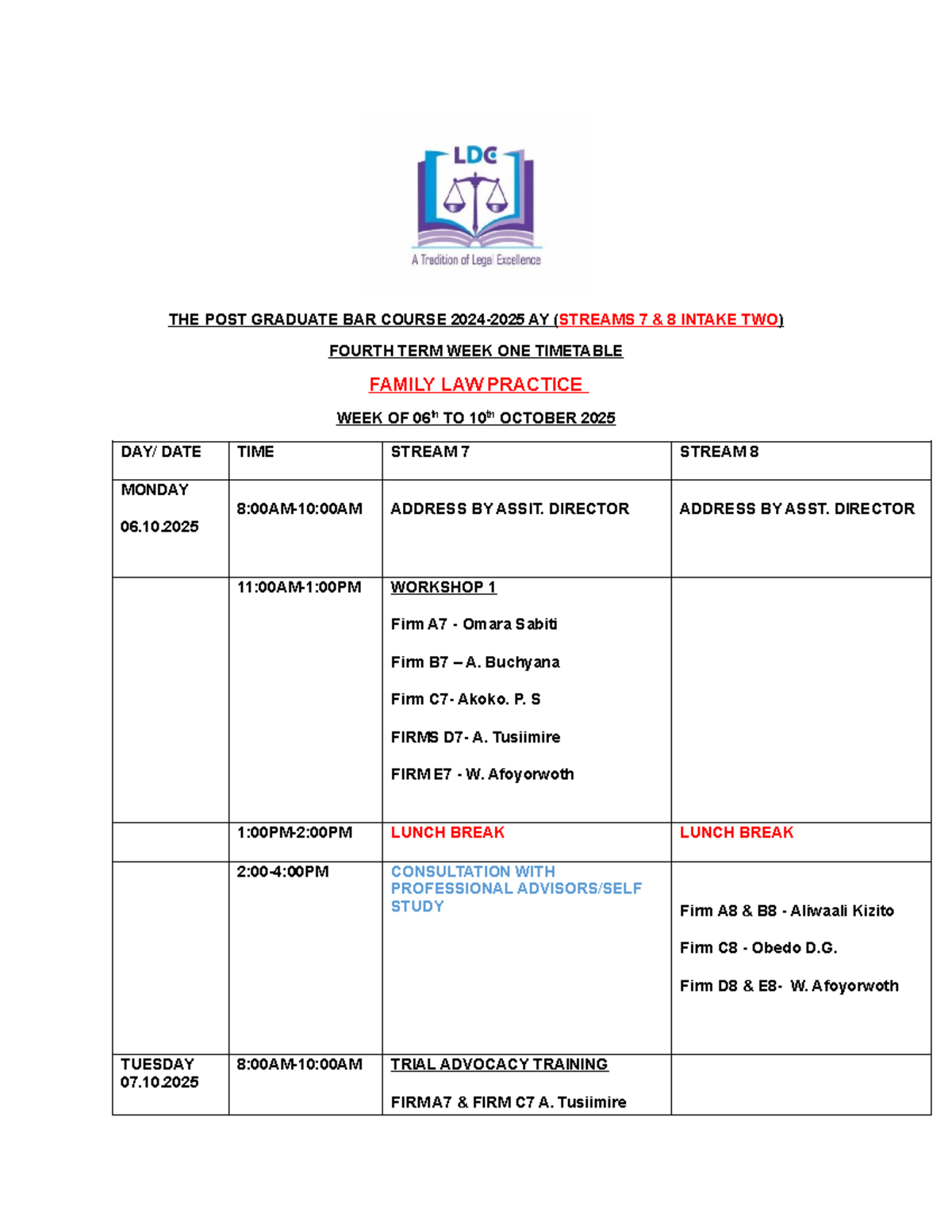 PG Bar Course 2024-25 AY: Family Law Practice Timetable (Term IV, Week ...