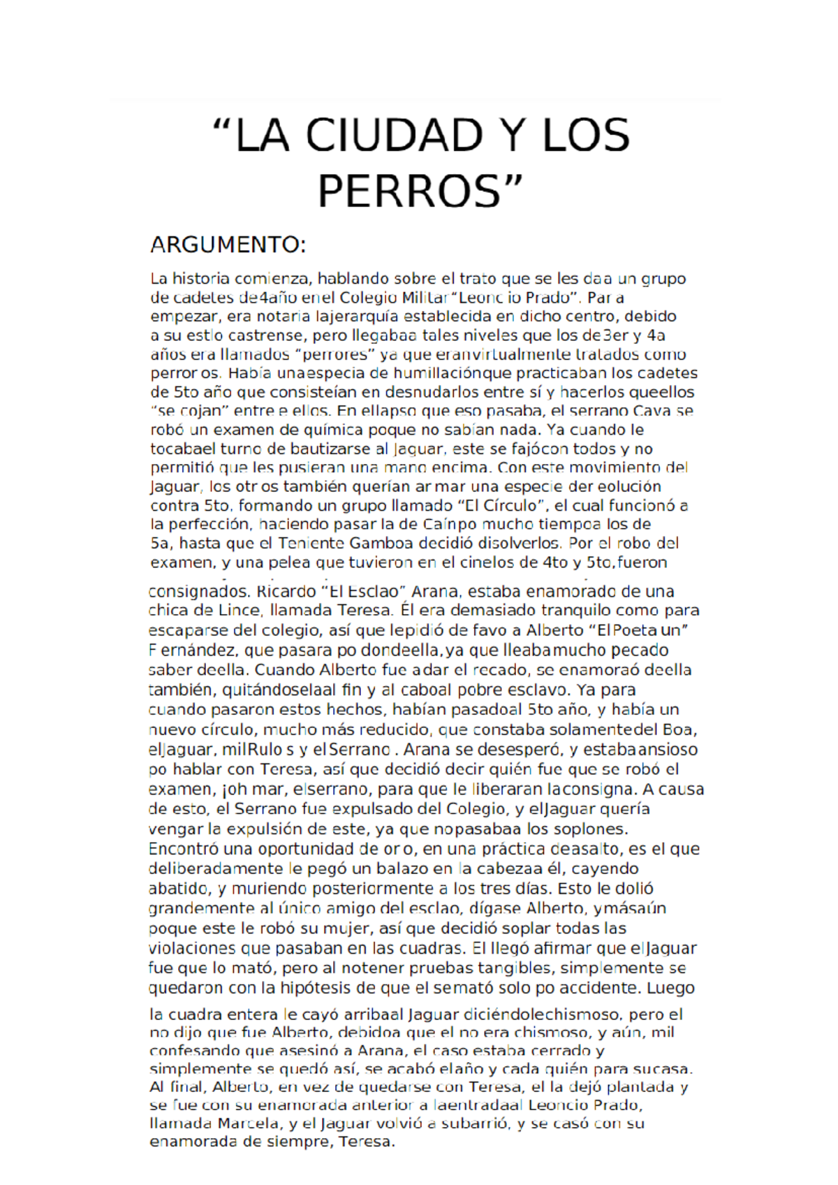 Análisis del Argumento de "Ciudad y los Perros" en el Colegio Militar - Document Preview