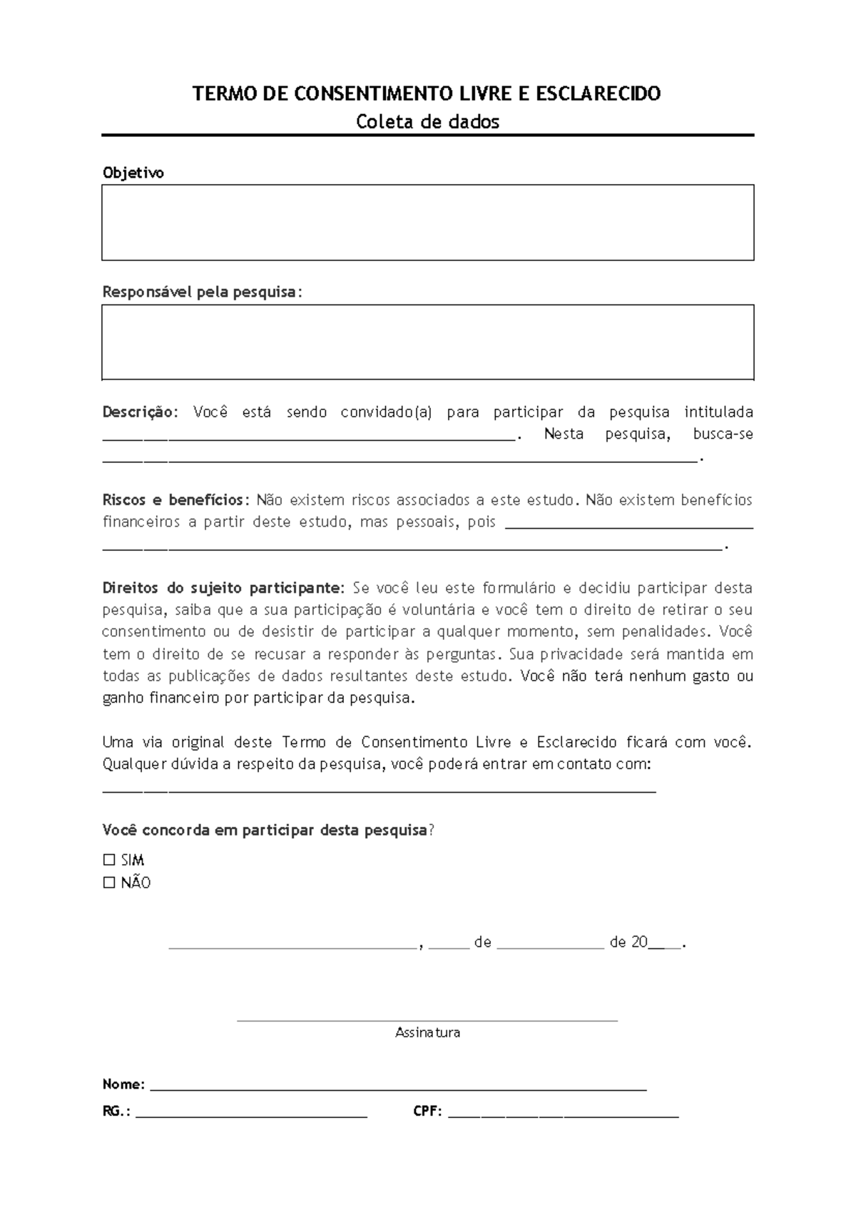 Modelo de Termo de Consentimento Livre e Esclarecido para Pesquisa ...