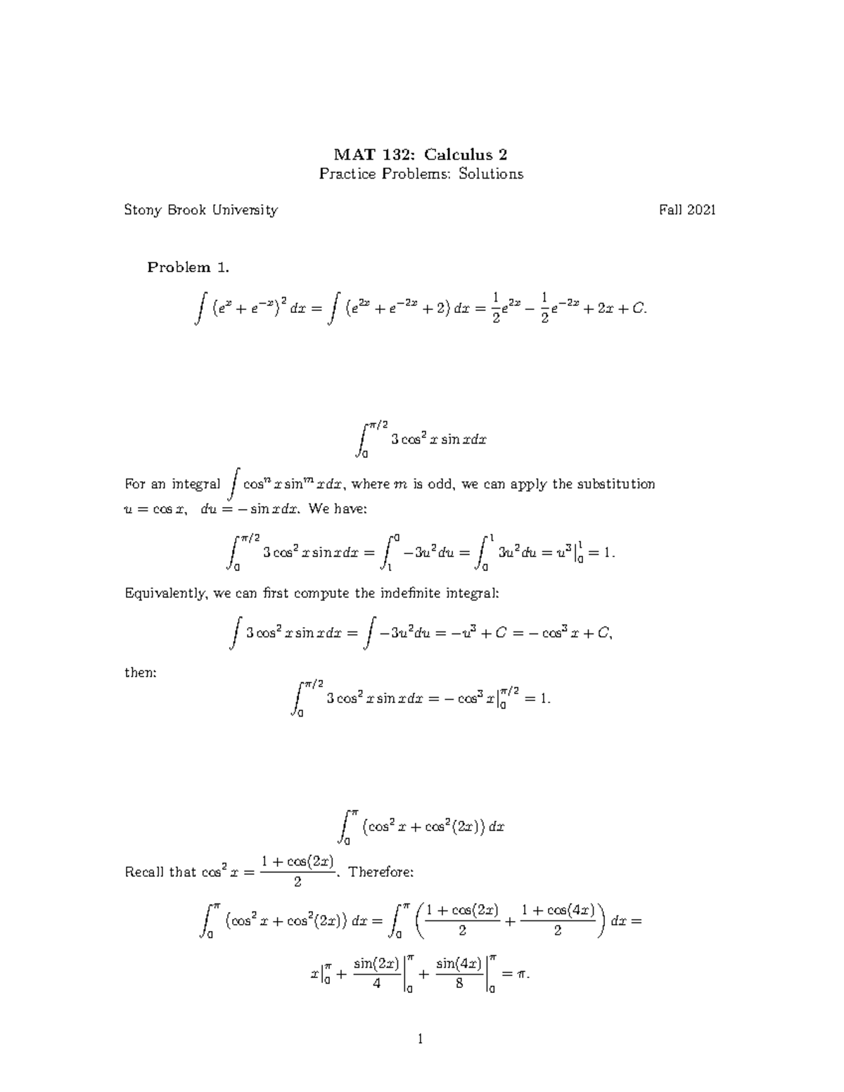 Final Practice Sol - Calculus practise - MAT 132: Calculus 2 Practice ...