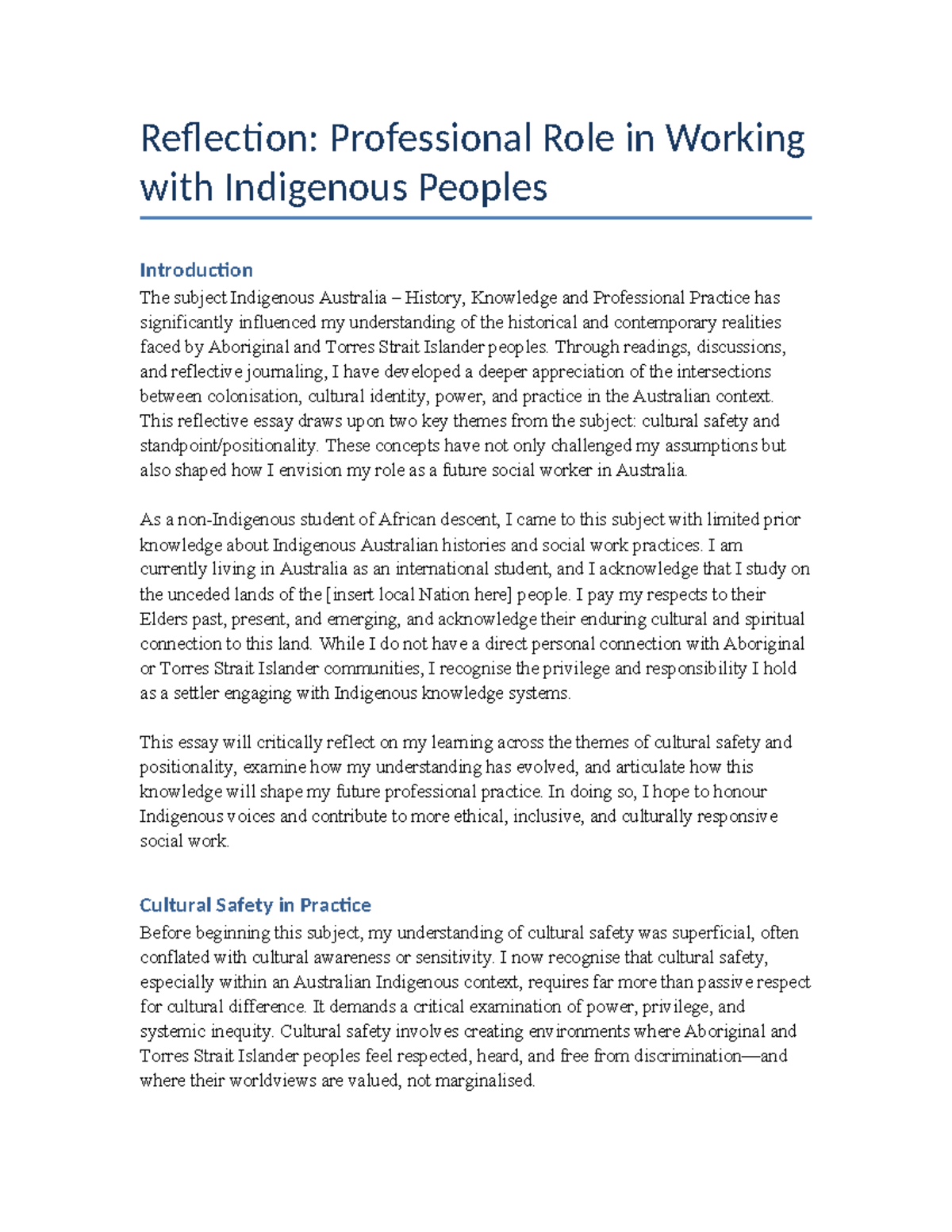 Reflective Essay: Cultural Safety in Indigenous Social Work (ISW 101 ...