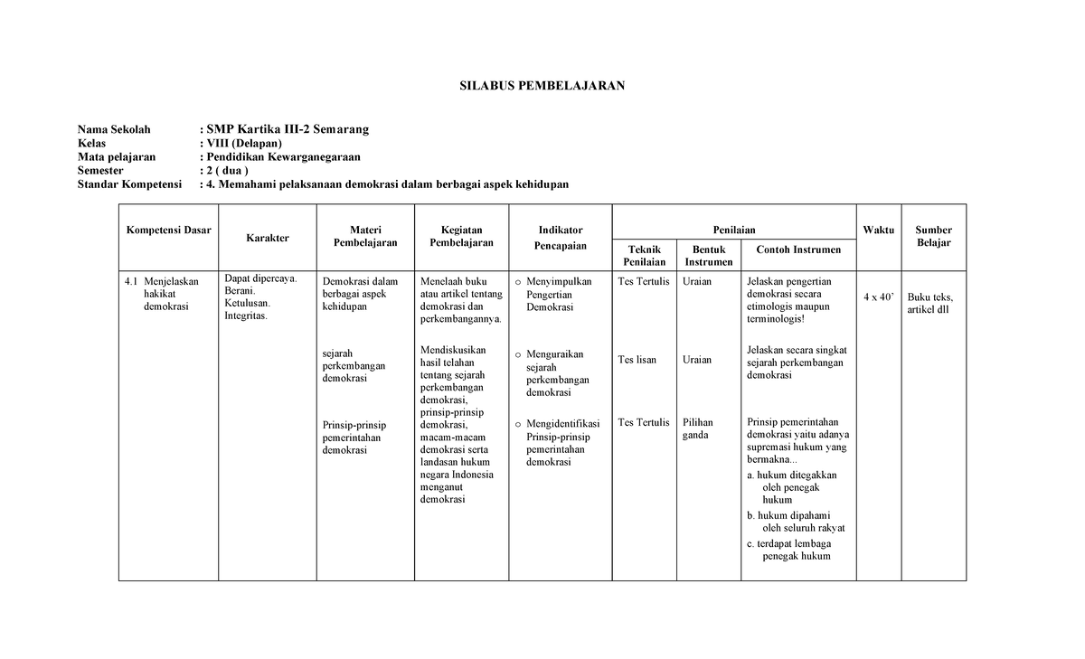 Silabus Pembelajaran Kewarganegaraan Kelas 8 Semester 2 KTSP - Studocu
