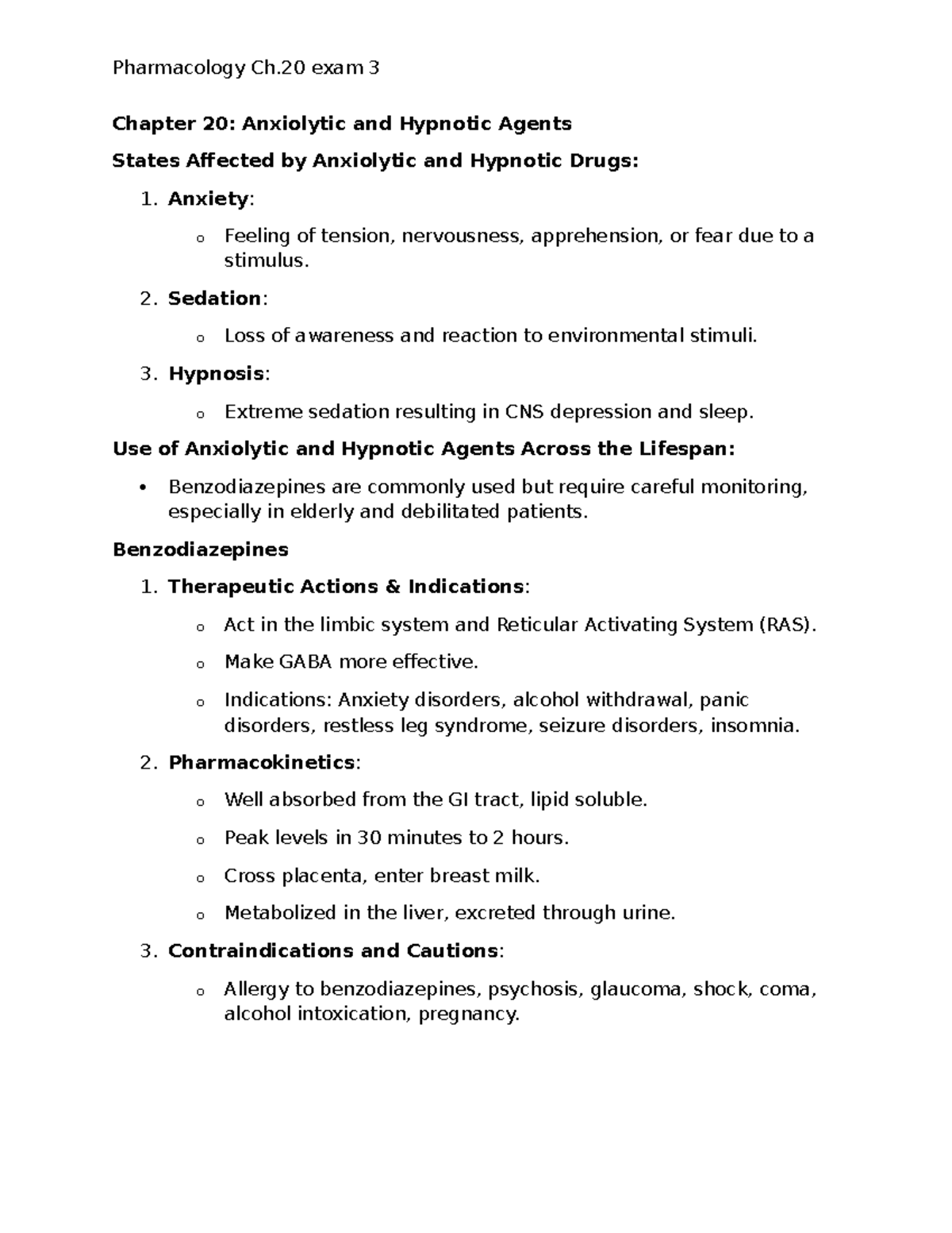 Chapter 20 Pharm SG - Chapter 20: Anxiolytic and Hypnotic Agents States Affected by Anxiolytic ...