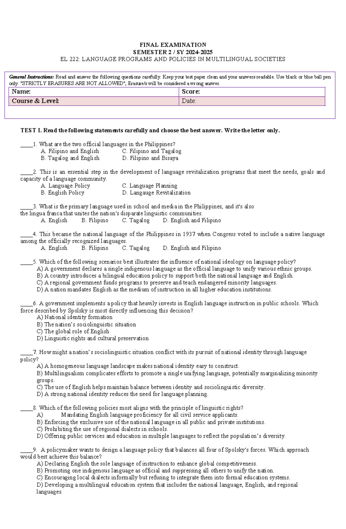 FINAL EXAM SEM 2 SY EL LANGUAGE PROGRAMS & POLICIES IN MULTILINGUAL ...