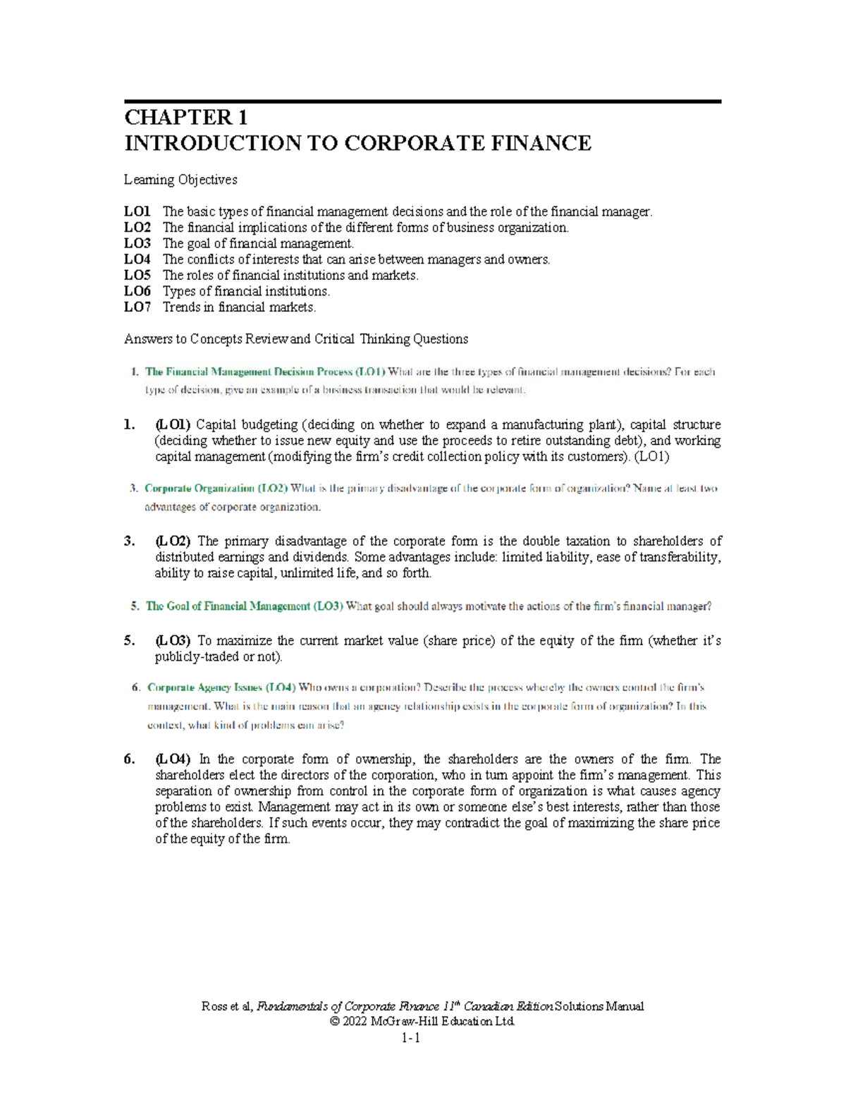 CH1 - Introduction to Corporate Finance: Key Concepts & Solutions - Studocu