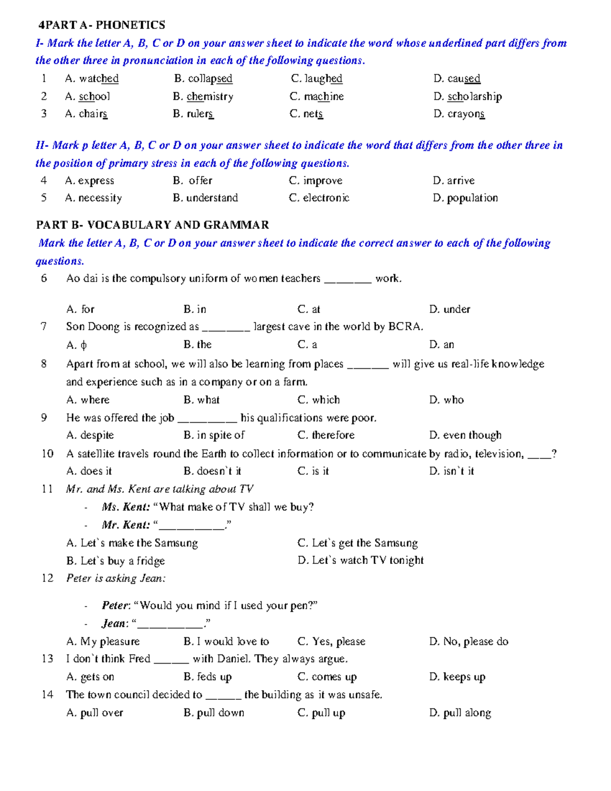 4PART PHONETICS & VOCABULARY: Practice Questions & Answers - Studocu
