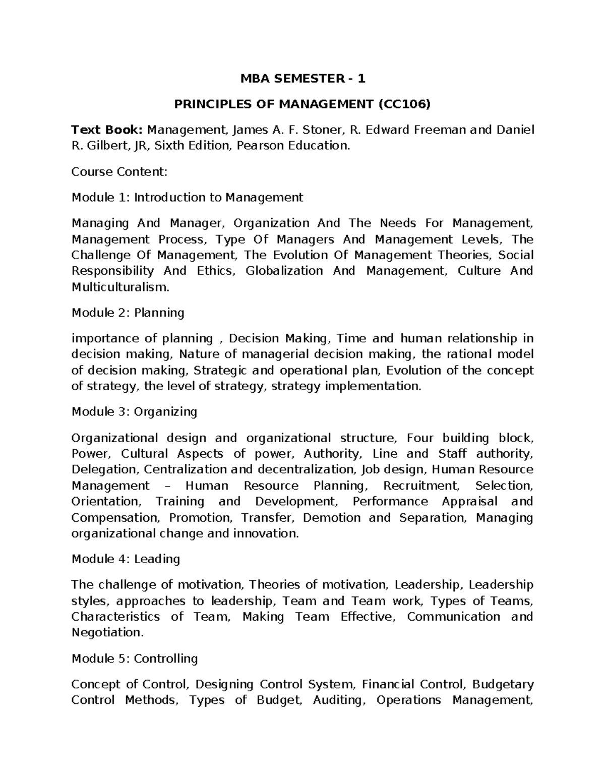 MBA CC106 Principles of Management Study Notes - Semester 1 - Studocu