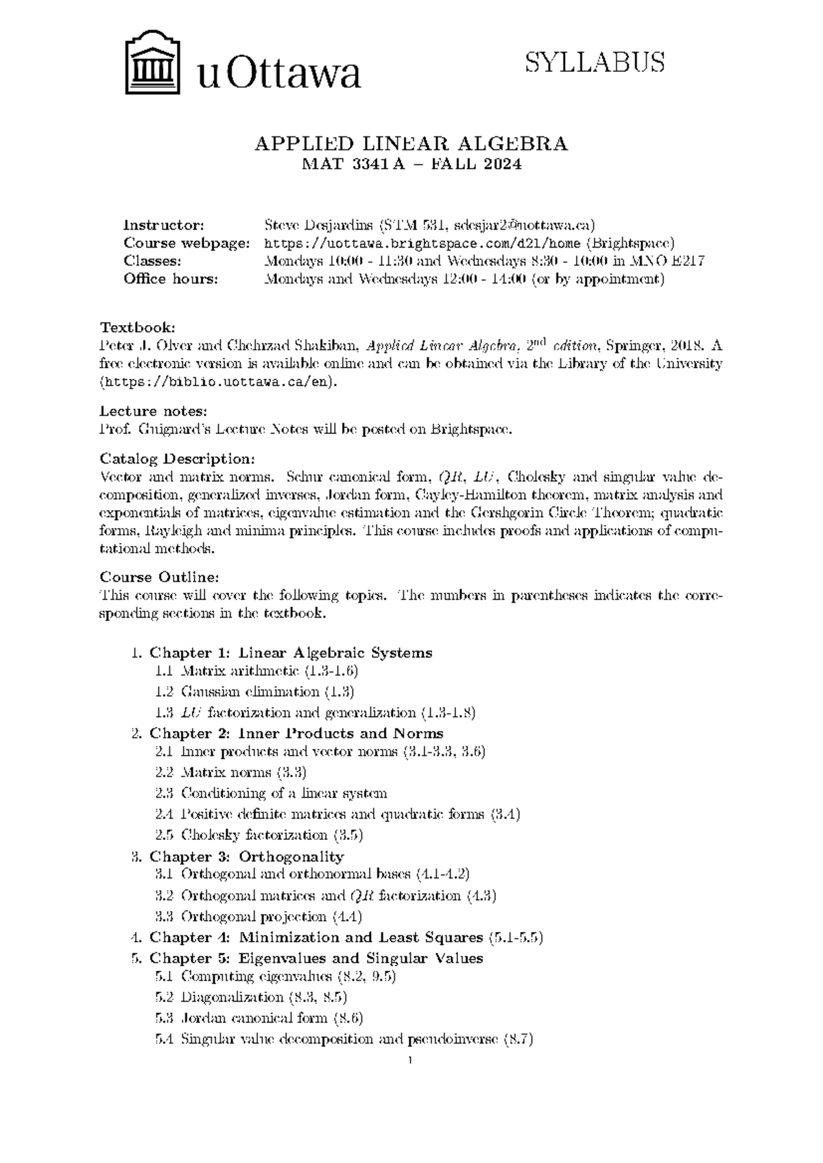 MAT 3341 A - Fall 2024 Applied Linear Algebra Course Outline - Studocu