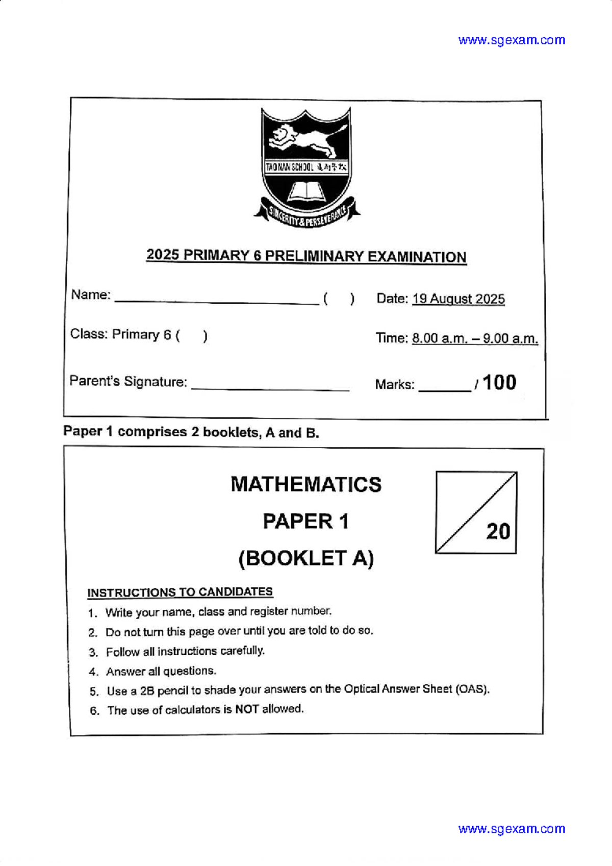 2025-P6-Maths-Prelim Exam Notes - Tao Nan - Studocu