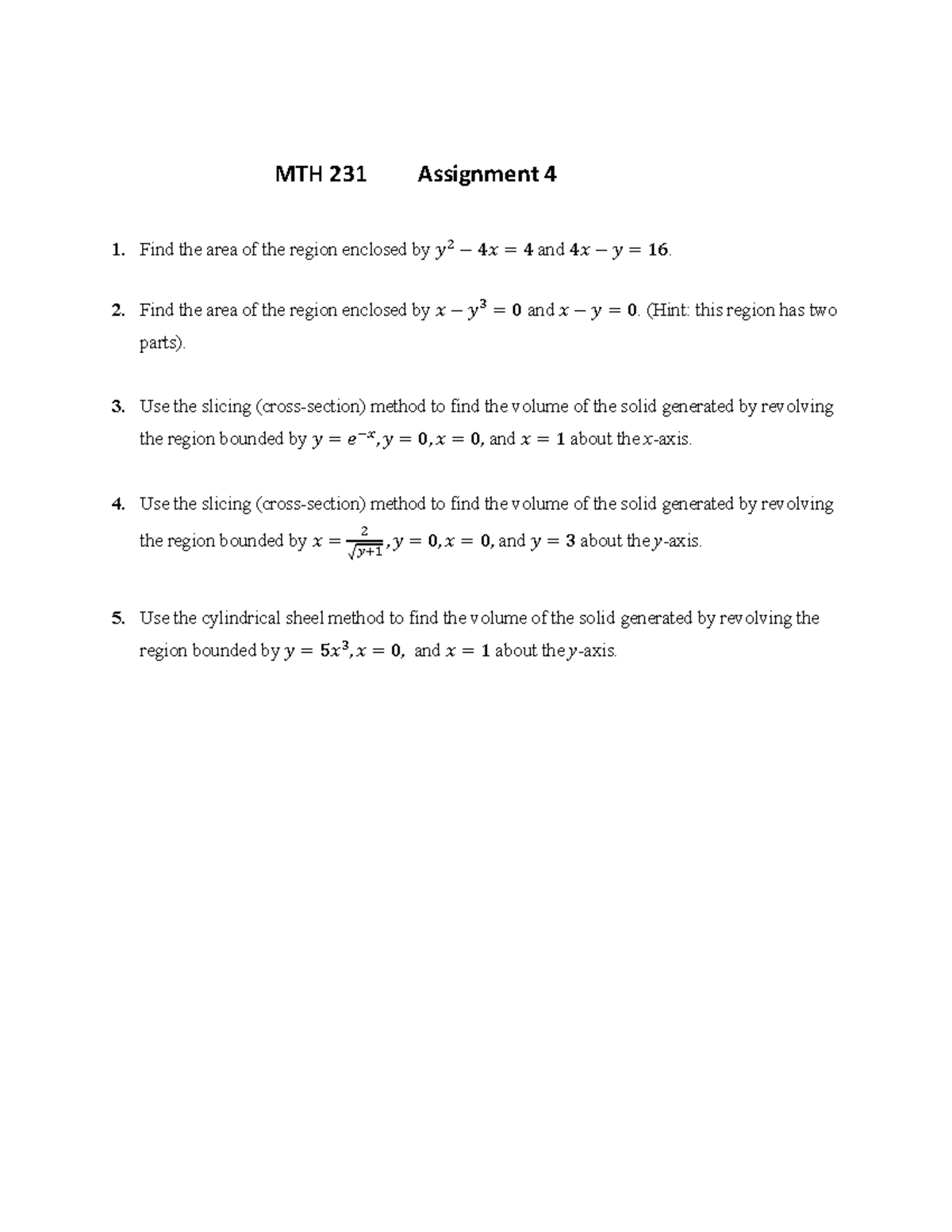 Assignment 4 Solutions for MTH 231: Area & Volume Calculations - Studocu