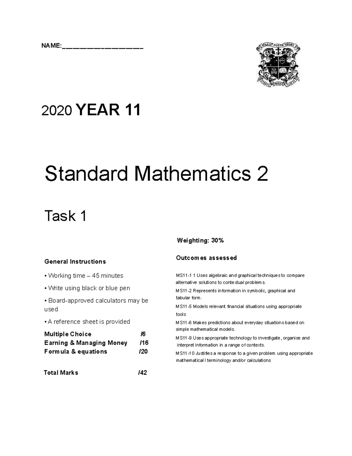 2020 Y11 Standard Mathematics Task 1: Earning & Managing Money - Studocu