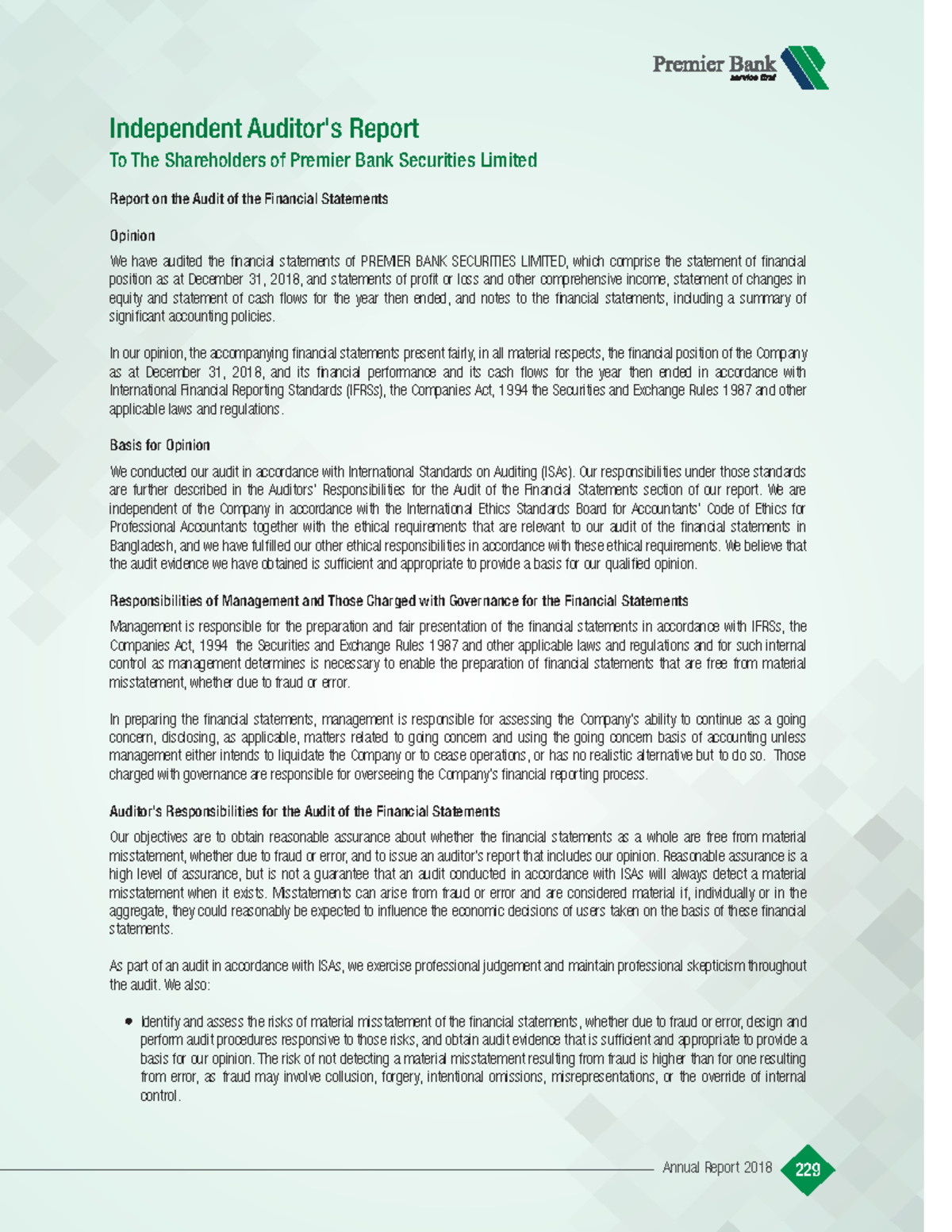 Audit Report on Financial Statements for Premier Bank Securities - 2018 ...