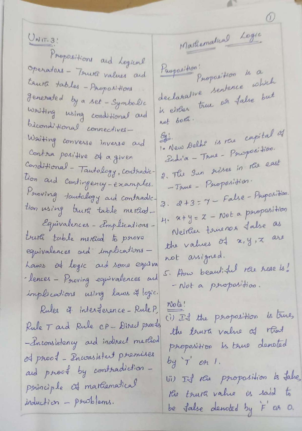 Maths Unit 3 - Notes on Propositions and Logical Truth Values - Studocu