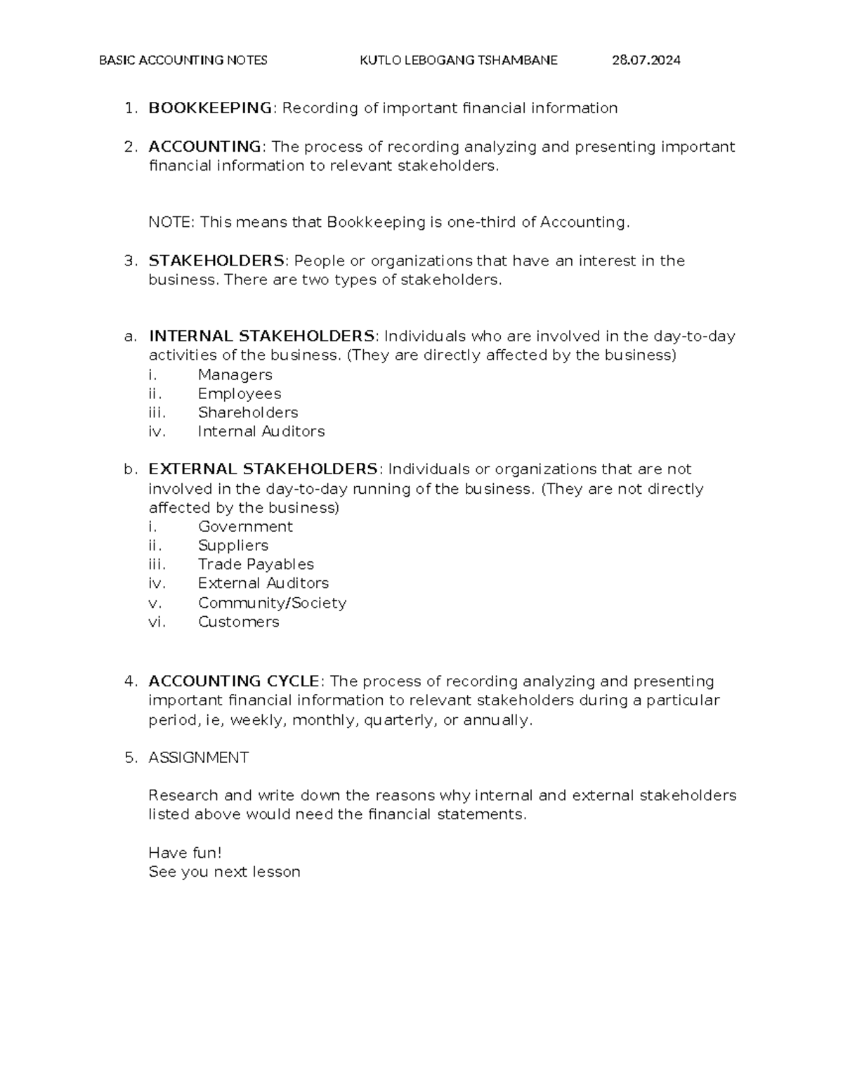 Accounting Basics Lecture Notes by Kutlo - Key Concepts & Stakeholders ...