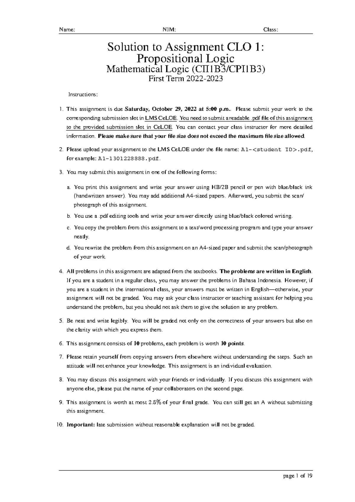 Mathematical Logic Assignment Solutions (CII1B3/CPI1B3) - First Term ...