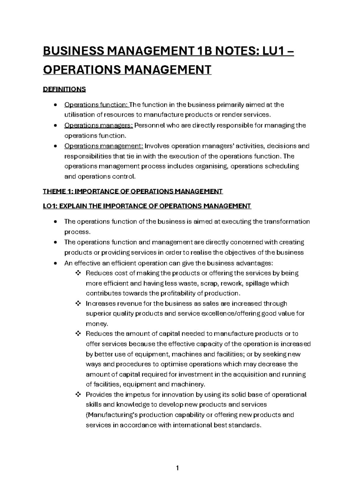 BUSINESS MANAGEMENT 1B: LU1 OPERATIONS MANAGEMENT NOTES - Studocu