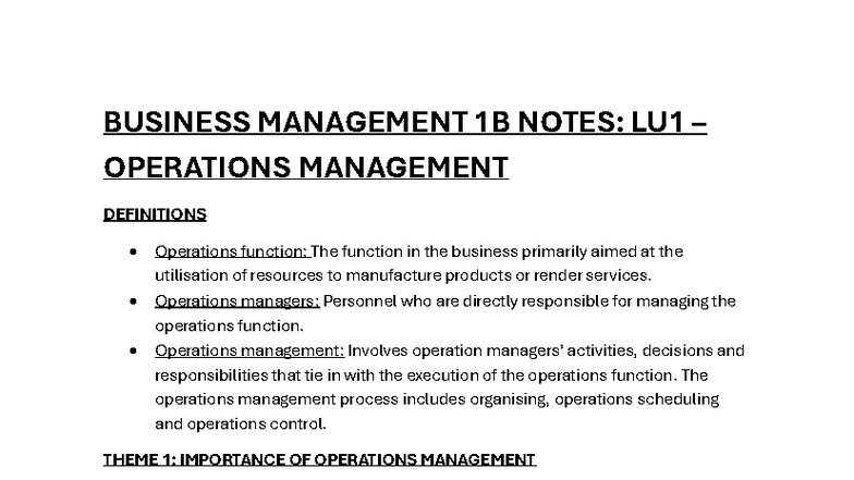 BUSINESS MANAGEMENT 1B: LU1 OPERATIONS MANAGEMENT NOTES - Studocu