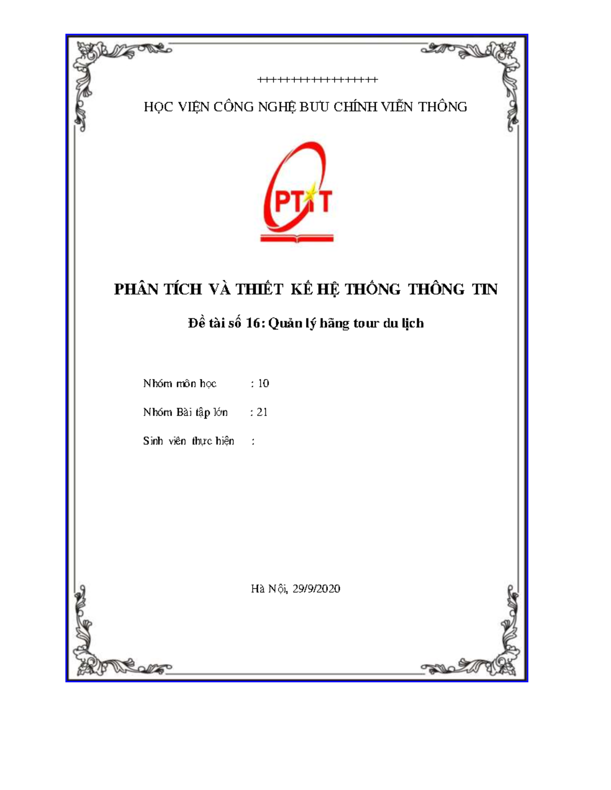 Báo cáo Phân Tích và Thiết Kế Hệ Thống Quản Lý Tour du lịch PTIT - Document Preview