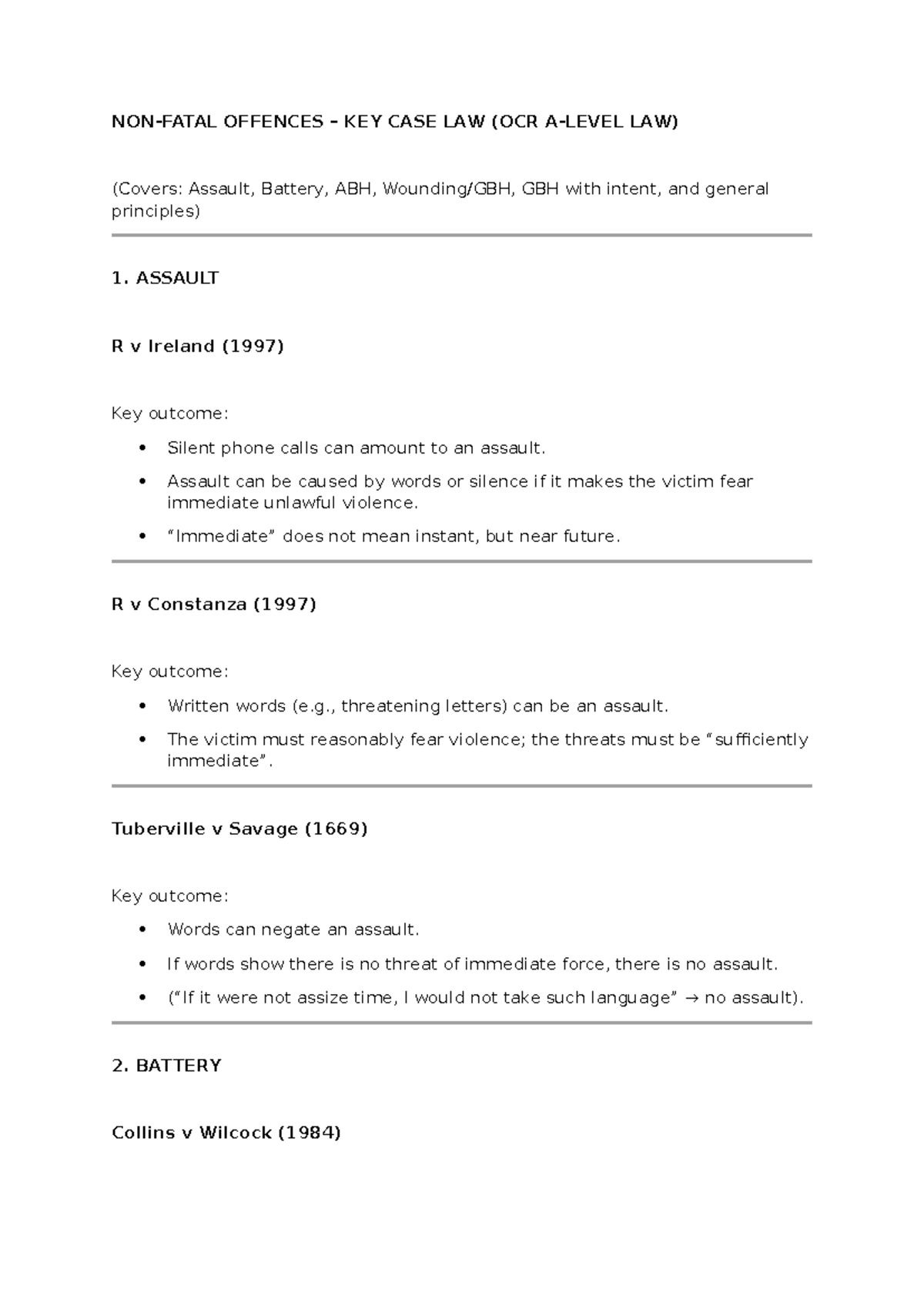 Key Case Law on Non-Fatal Offences (OCR LAW) - Studocu