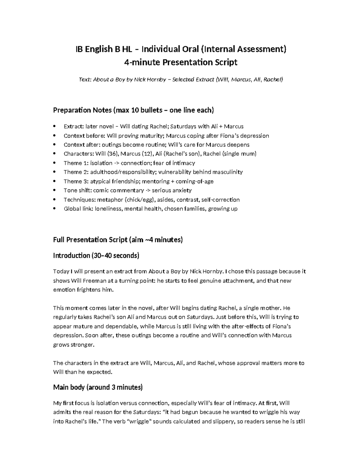 IB English B HL Individual Oral Presentation on "About a Boy" Extract ...