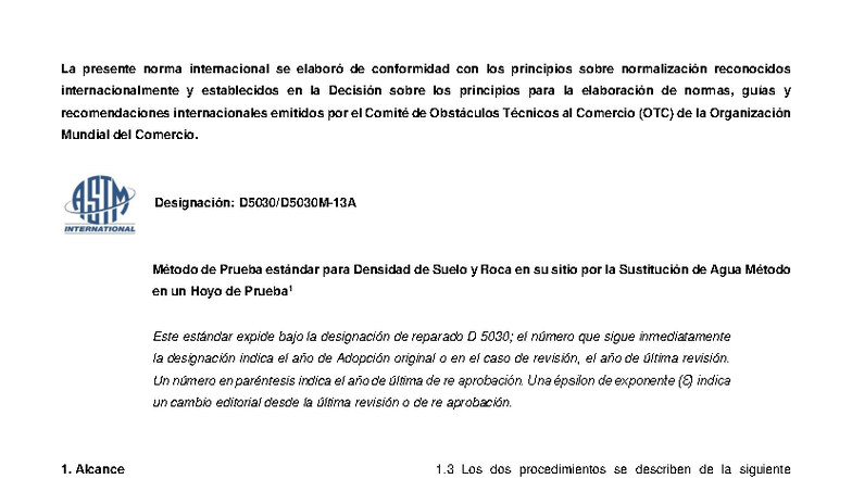 ASTM D5030-Método de Densidad de Suelo por Sustitución de Agua - Document Preview